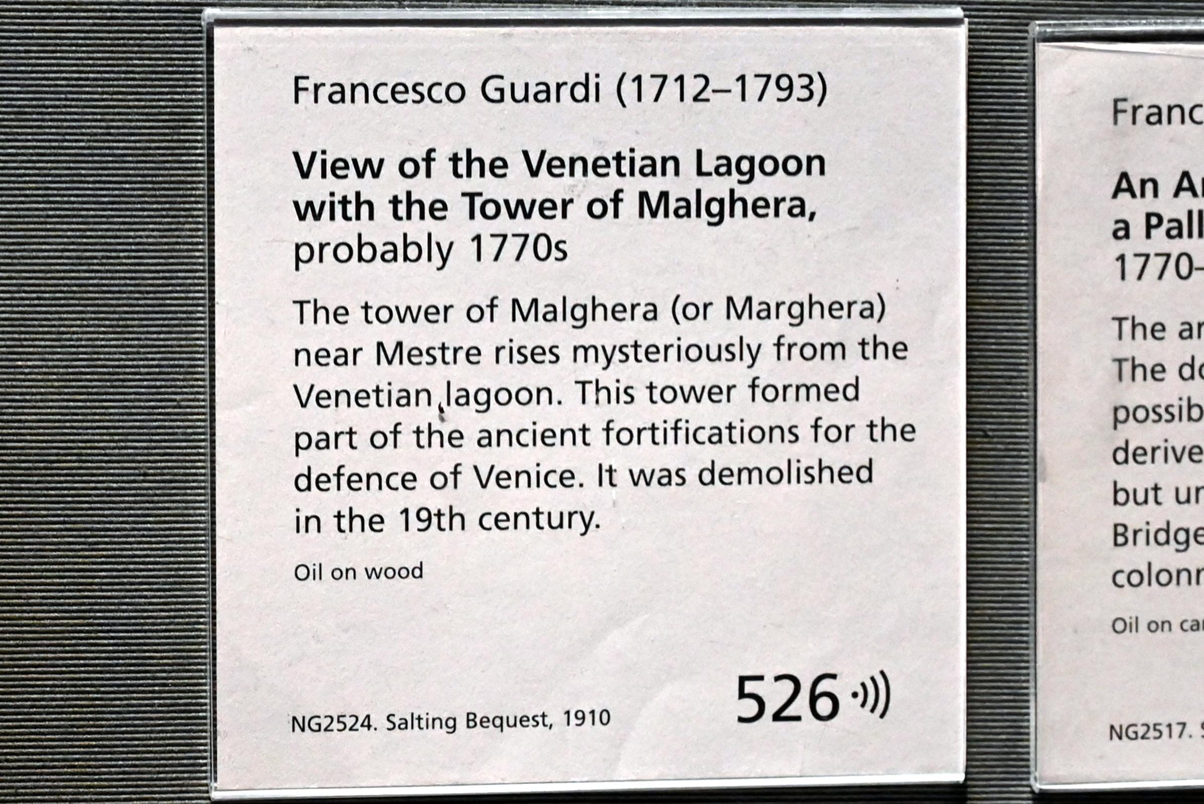 Francesco Guardi (1755–1790), Blick auf die Lagune mit dem Turm von Malghera, London, National Gallery, Saal 39, um 1770–1780, Bild 2/2