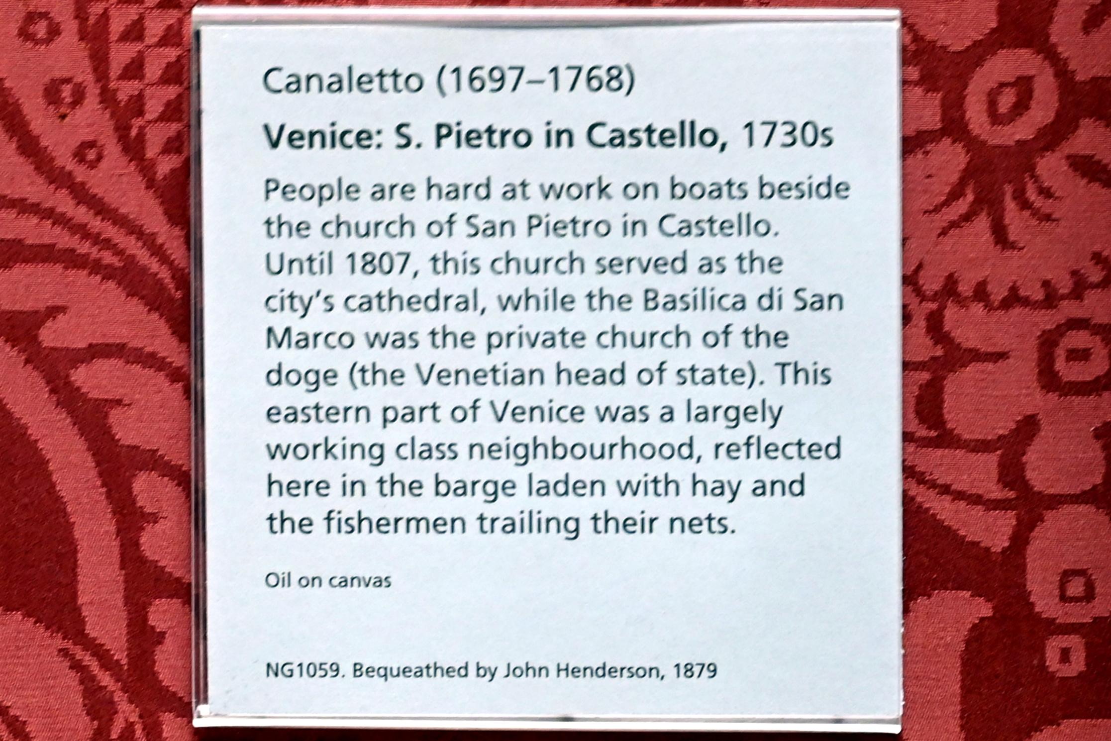 Giovanni Antonio Canal ("Canaletto") (1722–1765), San Pietro di Castello in Venedig, London, National Gallery, Saal 38, um 1730–1740, Bild 2/2