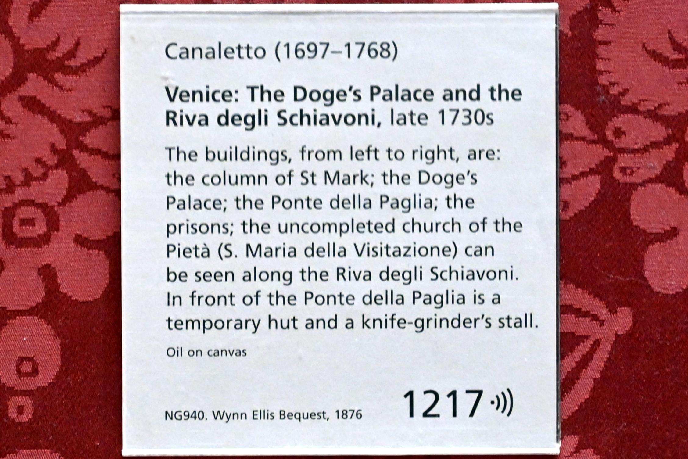 Giovanni Antonio Canal ("Canaletto") (1722–1765), Der Dogenpalast und die Riva degli Schiavoni, London, National Gallery, Saal 38, um 1735–1740, Bild 2/2