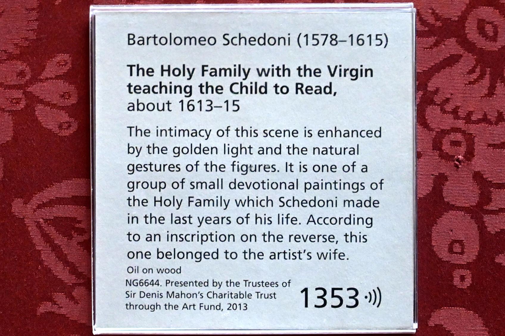 Bartolomeo Schedoni (1596–1615), Die Jungfrau und der heilige Josef bringen dem Jesusknaben das Lesen bei, London, National Gallery, Saal 35, um 1613–1615, Bild 2/2