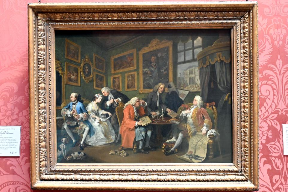 William Hogarth (1733–1743), Gemäldezyklus "Mariage à la Mode", Szene 1: Der Ehevertrag, London, National Gallery, Saal 35, um 1743
