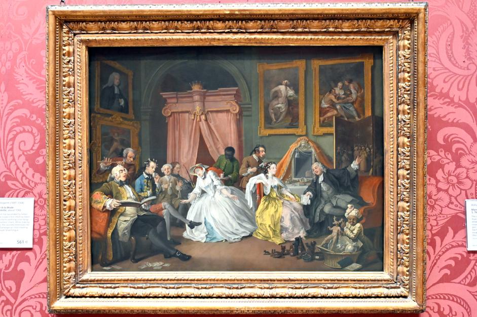 William Hogarth (1733–1743), Gemäldezyklus "Mariage à la Mode", Szene 4: Morgendlicher Empfang der Comtesse, London, National Gallery, Saal 35, um 1743