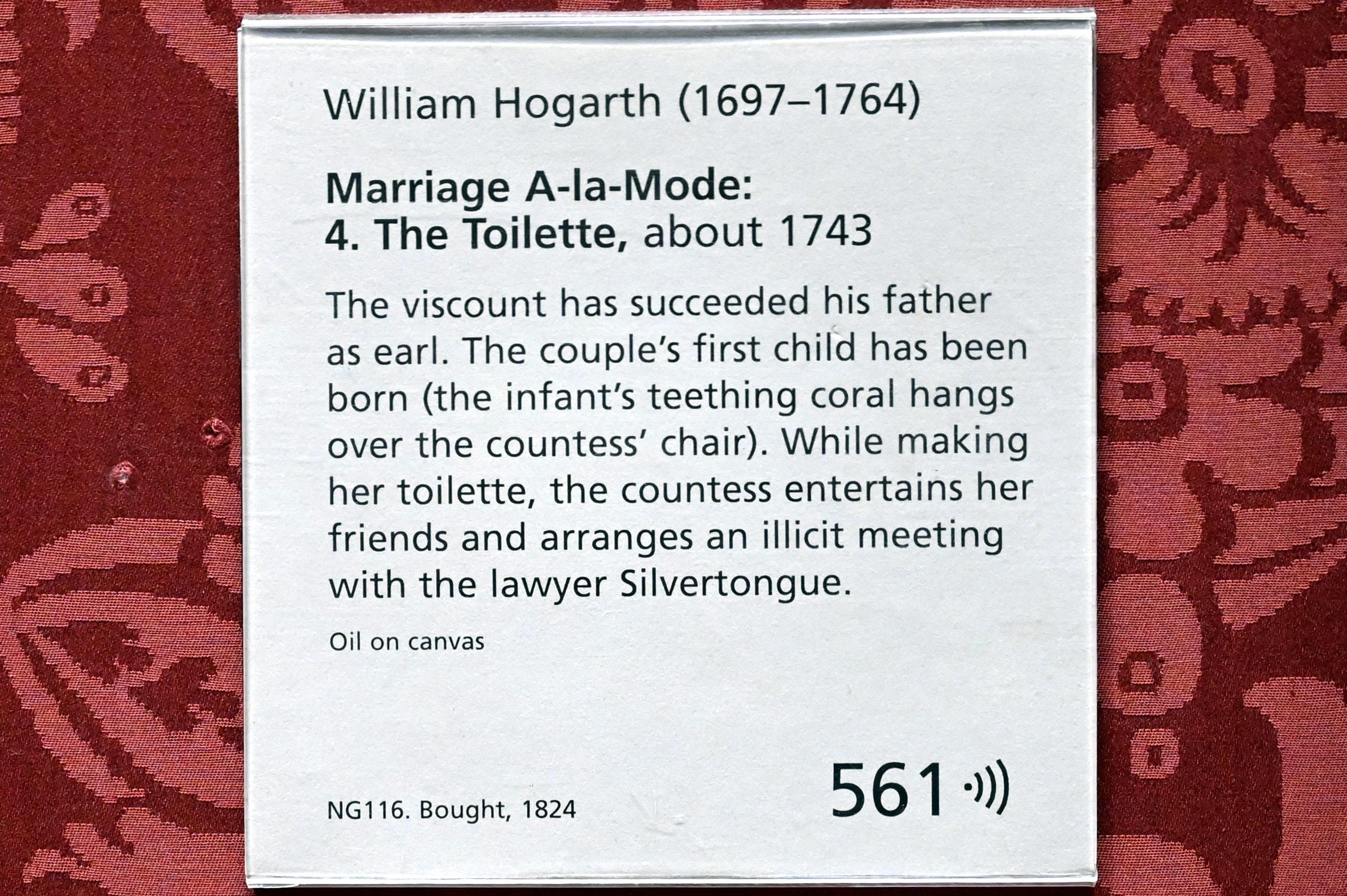 William Hogarth (1733–1743), Gemäldezyklus "Mariage à la Mode", Szene 4: Morgendlicher Empfang der Comtesse, London, National Gallery, Saal 35, um 1743, Bild 2/2