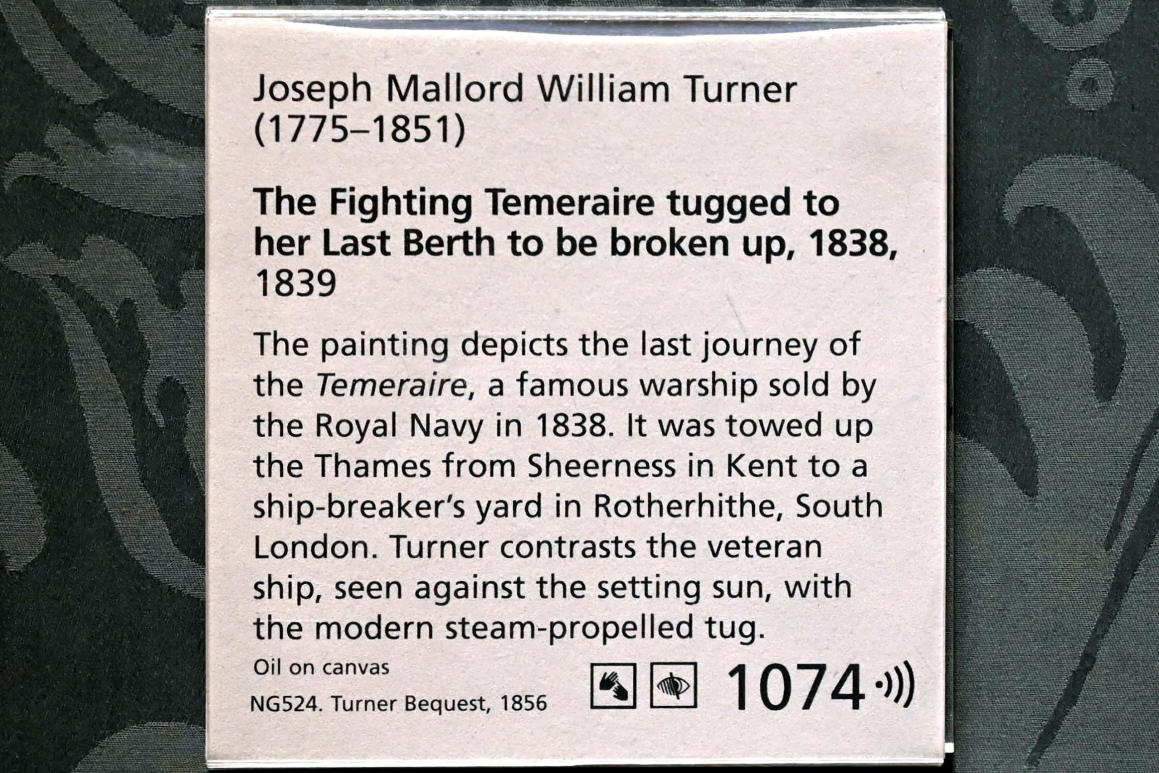 William Turner (Joseph Mallord William Turner) (1801–1845), Die Kämpfende Temeraire wird zu ihrem letzten Liegeplatz geschleppt, um abgewrackt zu werden, London, National Gallery, Saal 34, 1838–1839, Bild 2/2