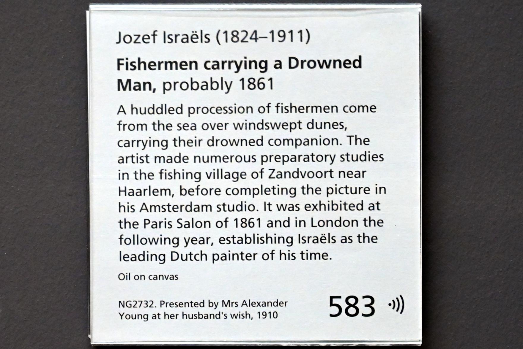 Jozef Israëls (1861–1900), Fischer, die einen Ertrunkenen tragen, London, National Gallery, Saal 41, um 1861, Bild 2/2