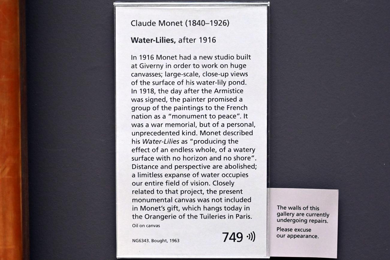 Claude Monet (1864–1925), Wasserlilien, London, National Gallery, Saal 41, nach 1916, Bild 3/3