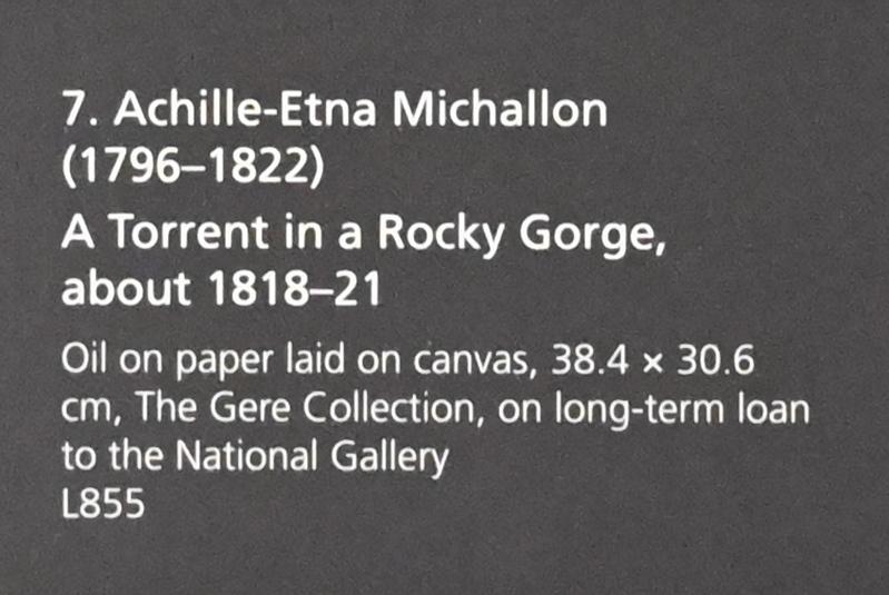 Achille Etna Michallon (1816–1822), Wildbach in einer Felsenschlucht, London, National Gallery, Saal 43, um 1818–1821, Bild 2/2