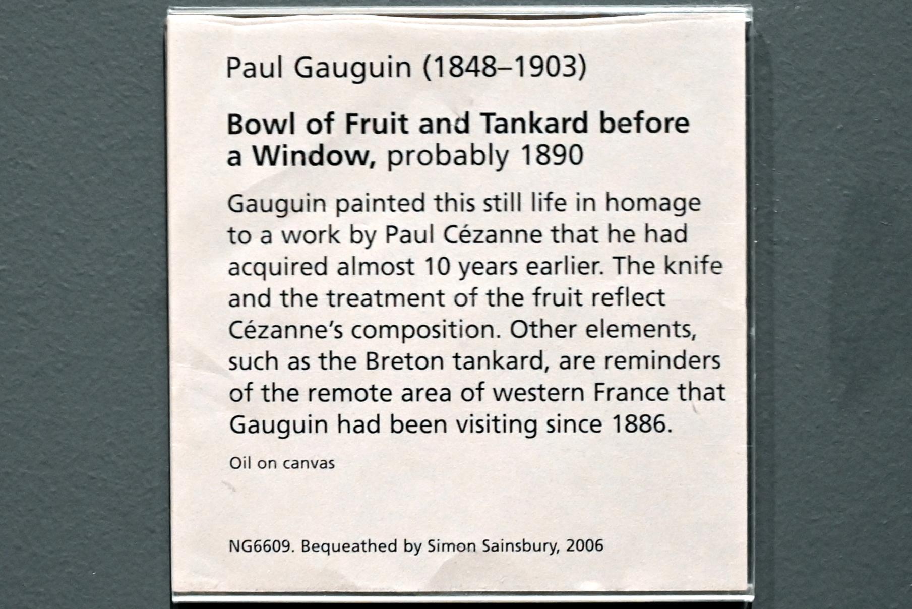 Paul Gauguin (1875–1902), Stillleben mit Obstschale und Krug vor einem Fenster, London, National Gallery, Saal 40, 1890, Bild 2/2