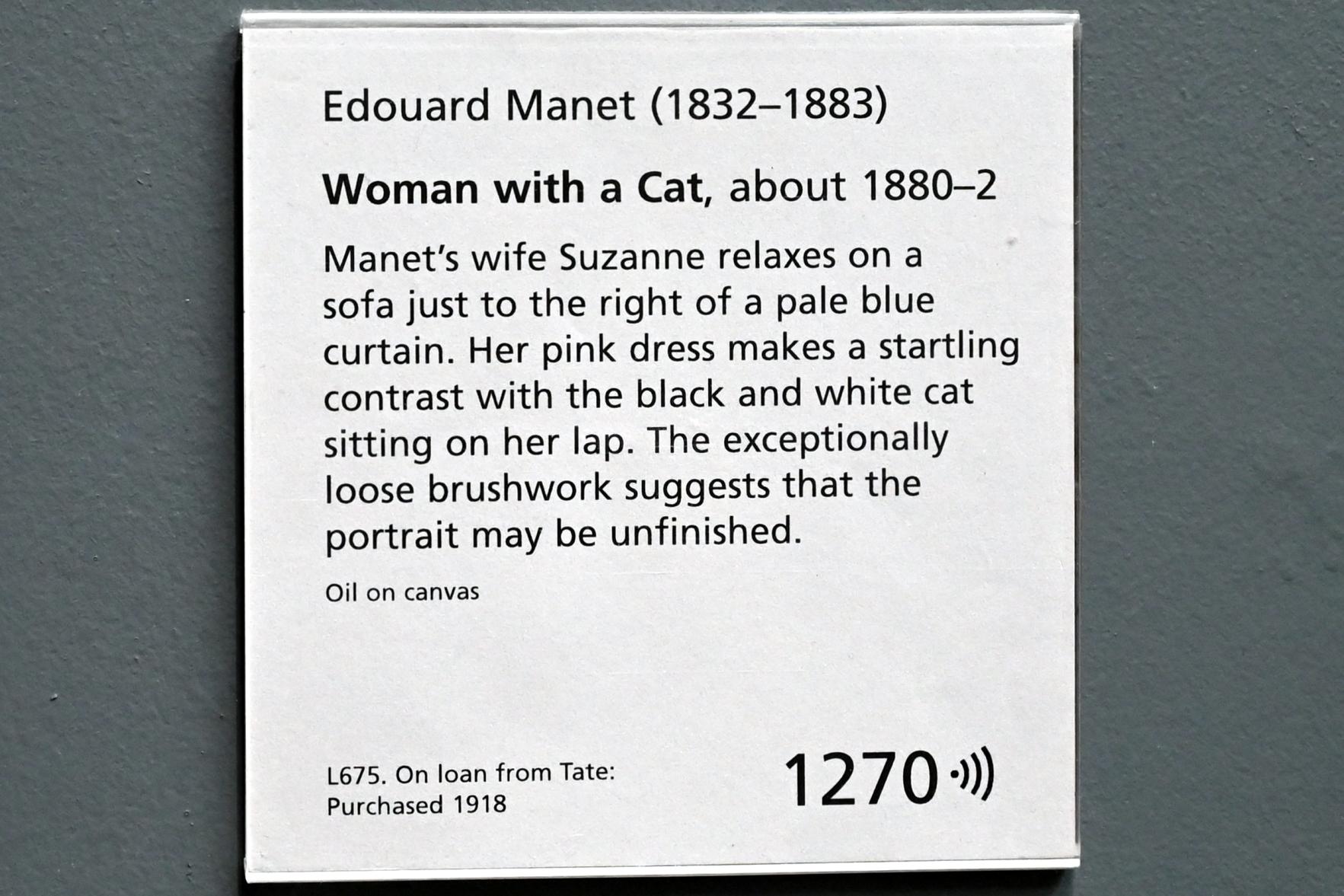 Édouard Manet (1855–1882), Frau mit Katze, London, National Gallery, Saal 44, um 1880–1882, Bild 2/2
