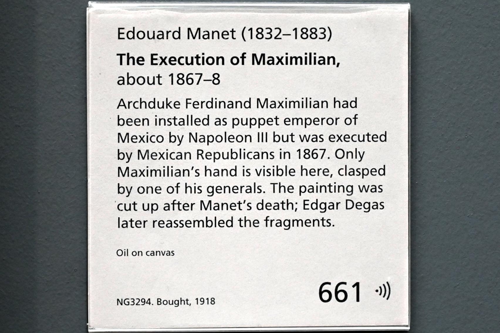 Édouard Manet (1855–1882), Die Erschießung Maximilians I., Kaiser von Mexiko, London, National Gallery, Saal 44, um 1867–1868, Bild 2/2