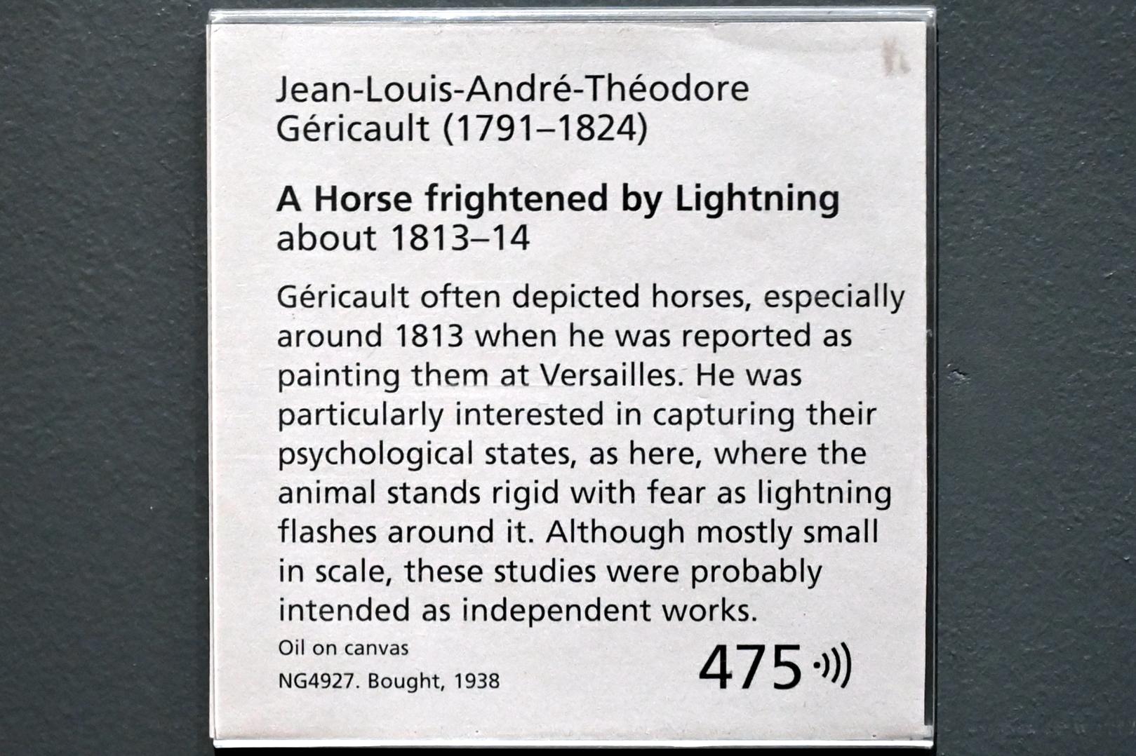 Théodore Géricault (1811–1822), Ein von Blitzen erschrockenes Pferd, London, National Gallery, Saal 45, um 1813–1814, Bild 2/2