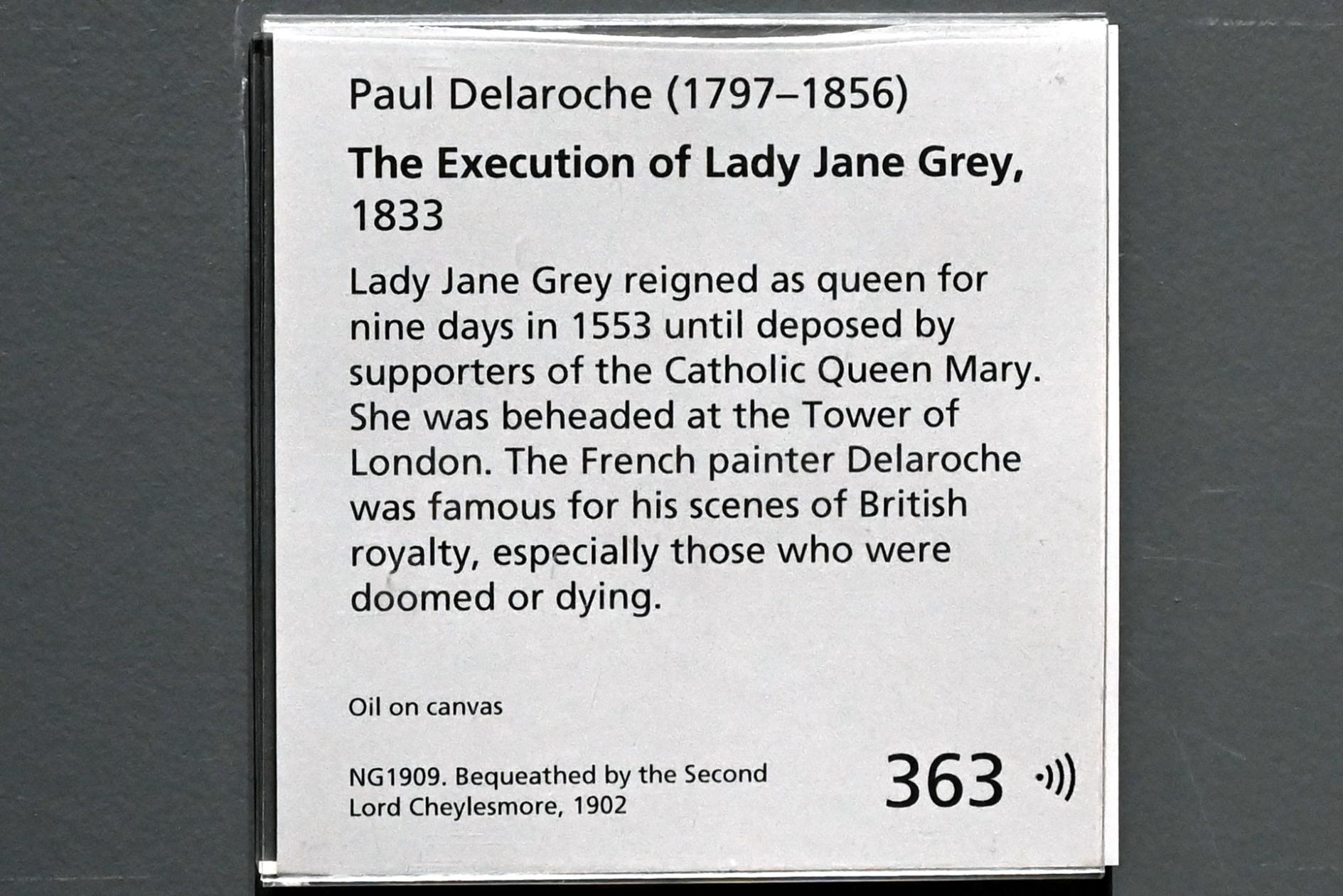 Paul Delaroche (1826–1855), Die Enthauptung der Lady Jane Grey, London, National Gallery, Saal 45, 1833, Bild 2/2
