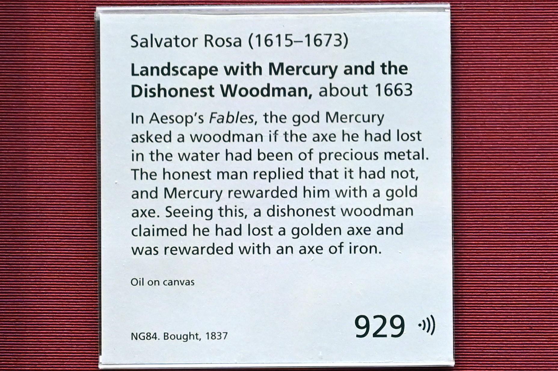 Salvator Rosa (1641–1668), Der Holzhauer und Merkur, London, National Gallery, Saal 32, um 1663, Bild 2/2