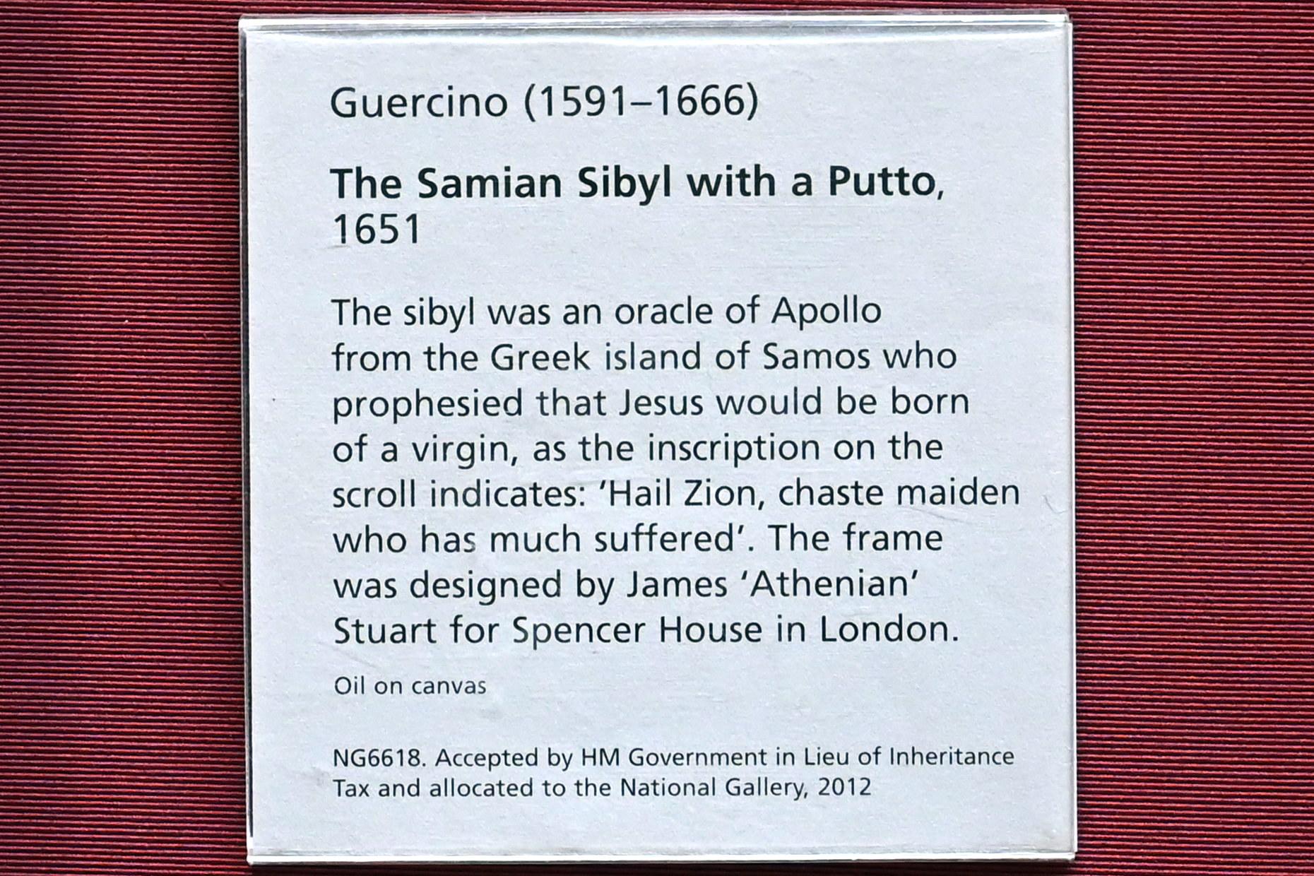 Giovanni Francesco Barbieri (Il Guercino) (1612–1659), Die Samische Sibylle mit Putto, London, National Gallery, Saal 32, 1651, Bild 2/2
