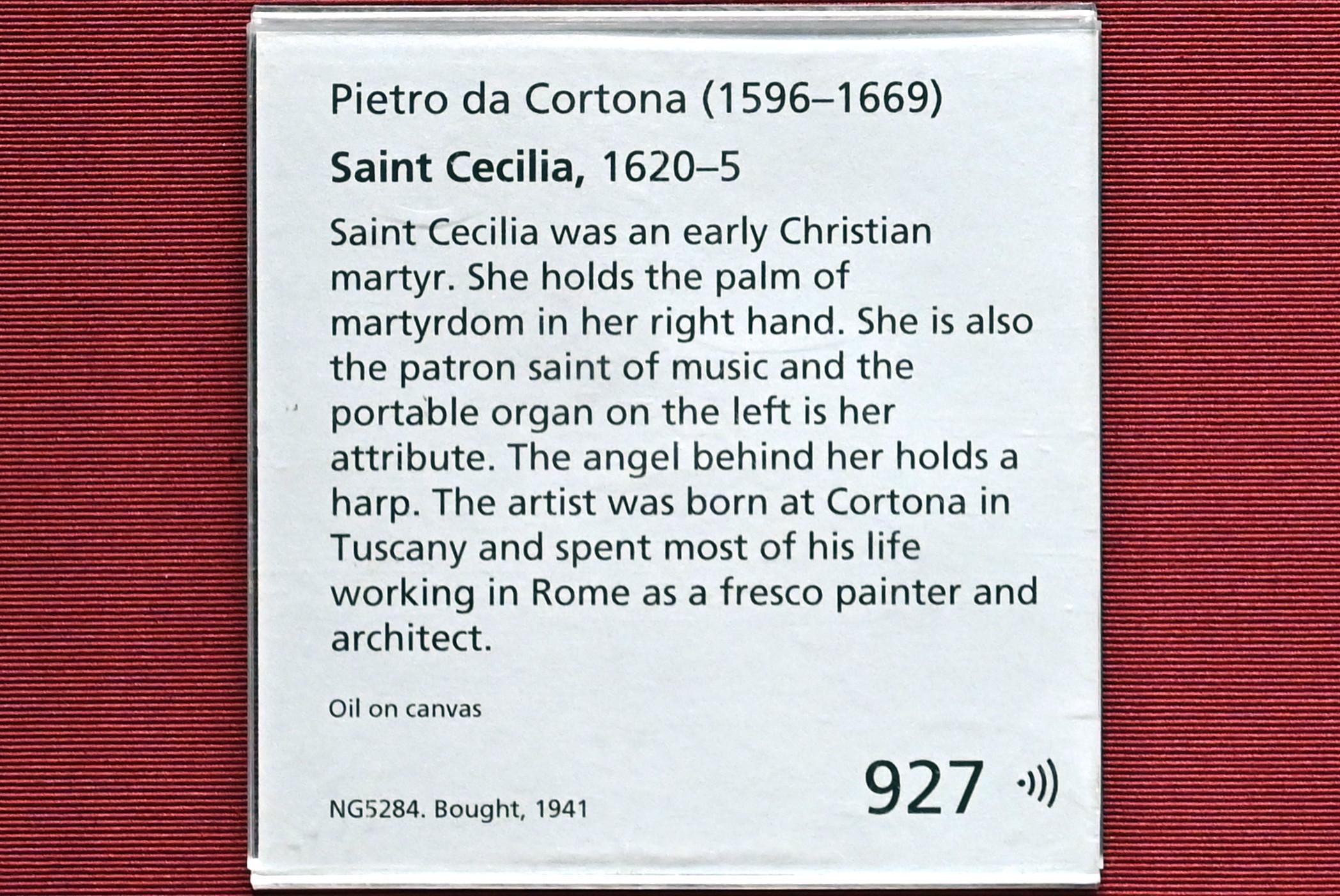 Pietro da Cortona (1622–1645), Heilige Cäcilia, London, National Gallery, Saal 32, 1620–1625, Bild 2/2