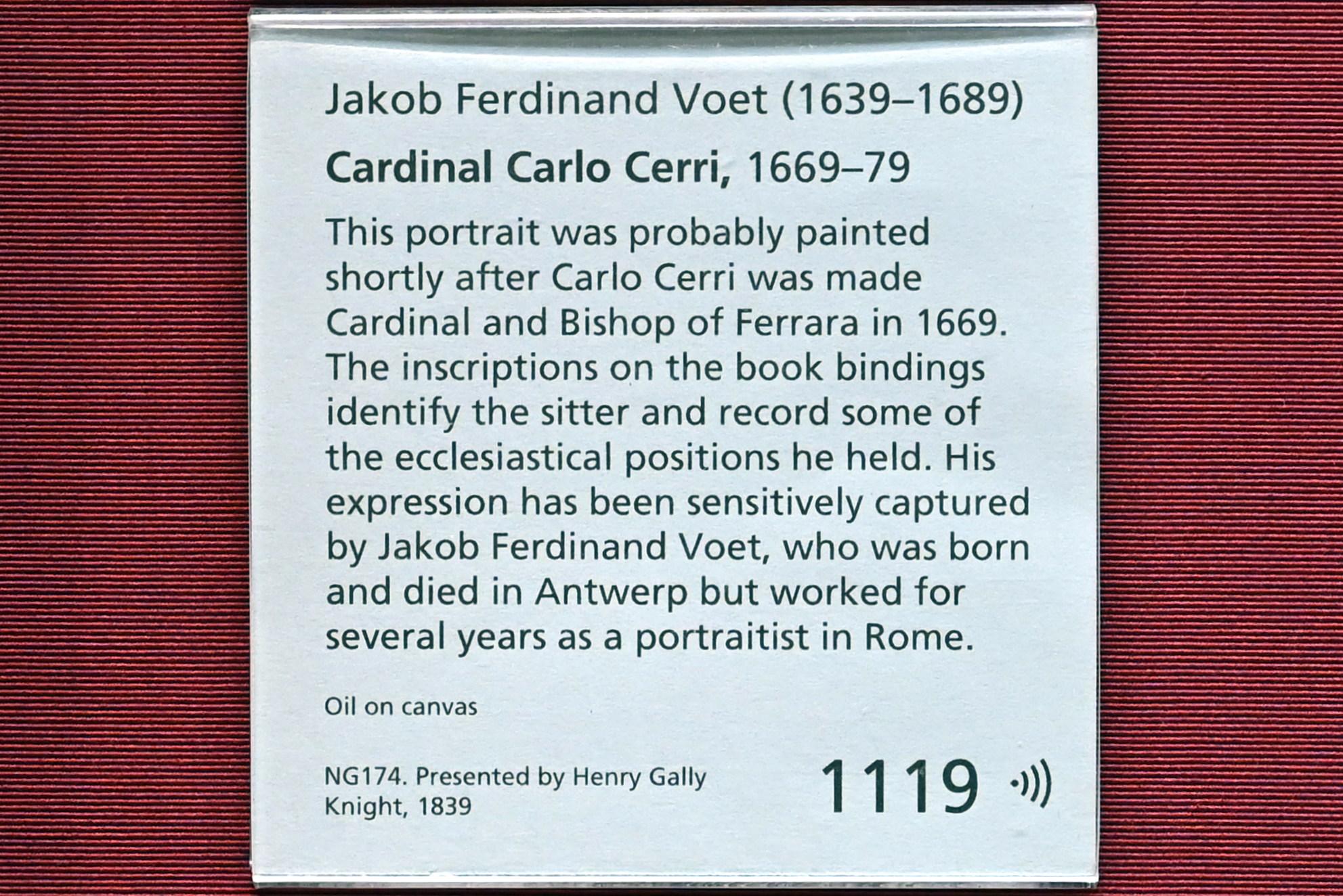 Jacob Ferdinand Voet (1674), Porträt des Kardinals Carlo Cerri, London, National Gallery, Saal 32, 1669–1679, Bild 2/2