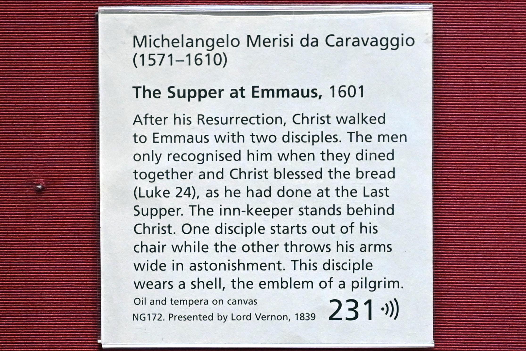Michelangelo Merisi da Caravaggio (1594–1610), Abendmahl in Emmaus, London, National Gallery, Saal 32, 1601, Bild 2/2
