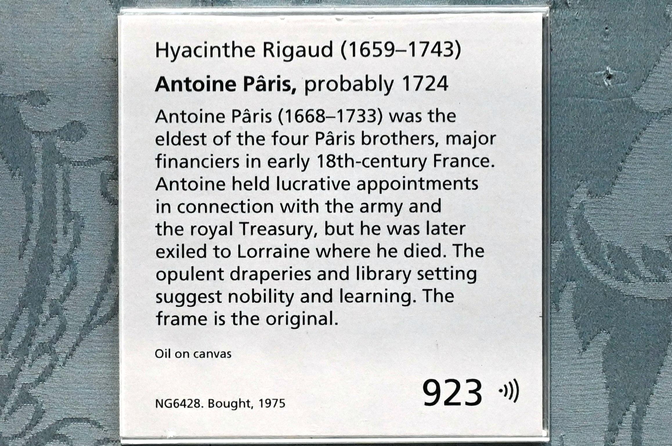 Hyacinthe Rigaud (1688–1740), Porträt des Antoine Pâris, London, National Gallery, Saal 33, 1724, Bild 2/2