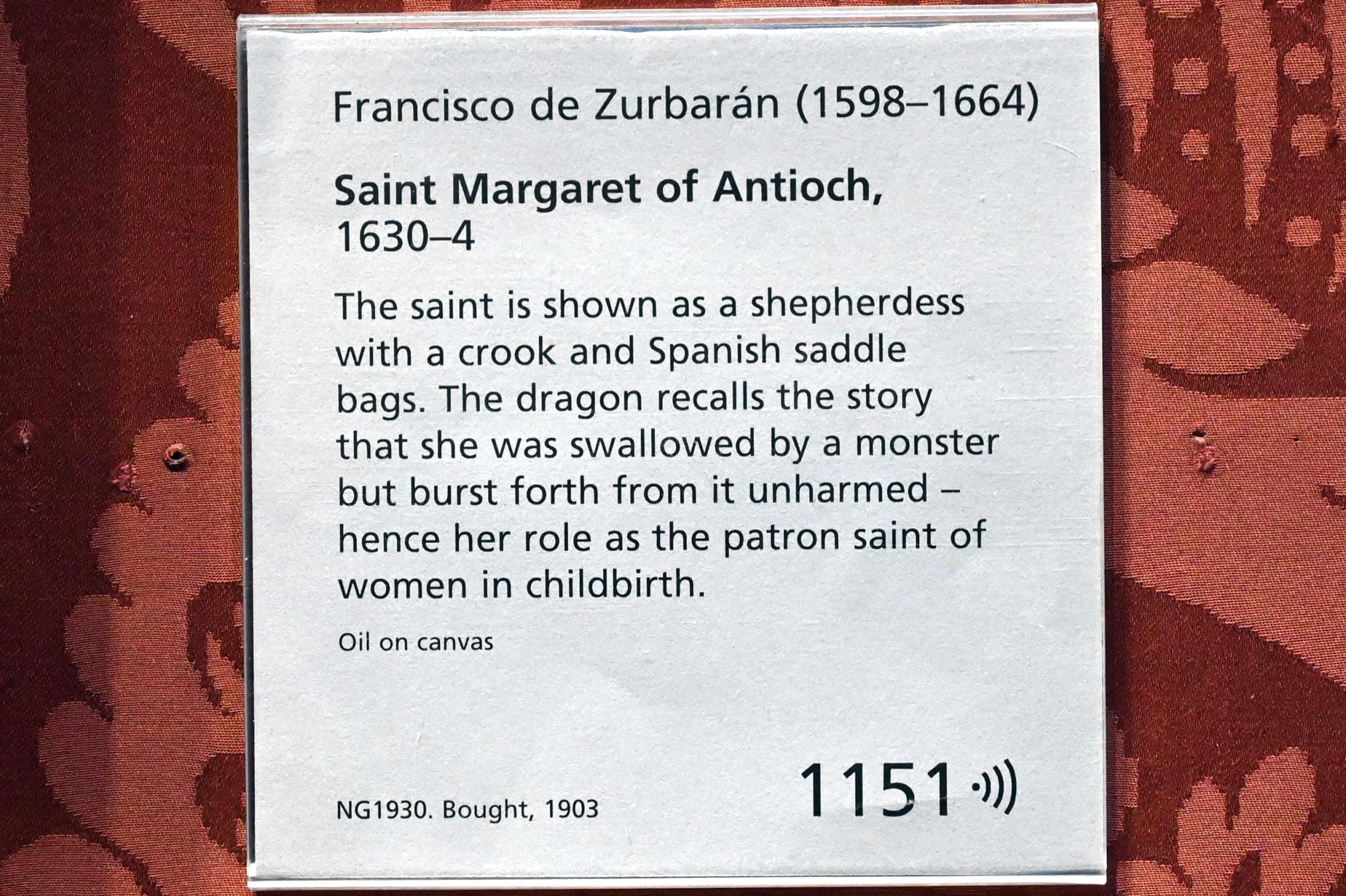 Francisco de Zurbarán y Salazar (1628–1661), Hl. Margarethe von Antiochien, London, National Gallery, Saal 30, 1630–1634, Bild 2/2