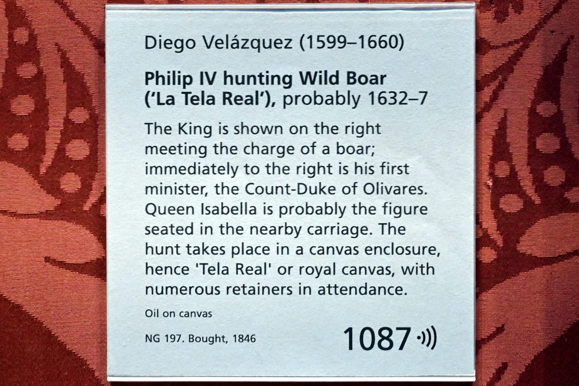 Diego Rodríguez de Silva y Velázquez (1618–1659), Philipp IV. bei der Wildschweinjagd ('La Tela Real'), London, National Gallery, Saal 30, 1632–1637, Bild 2/2