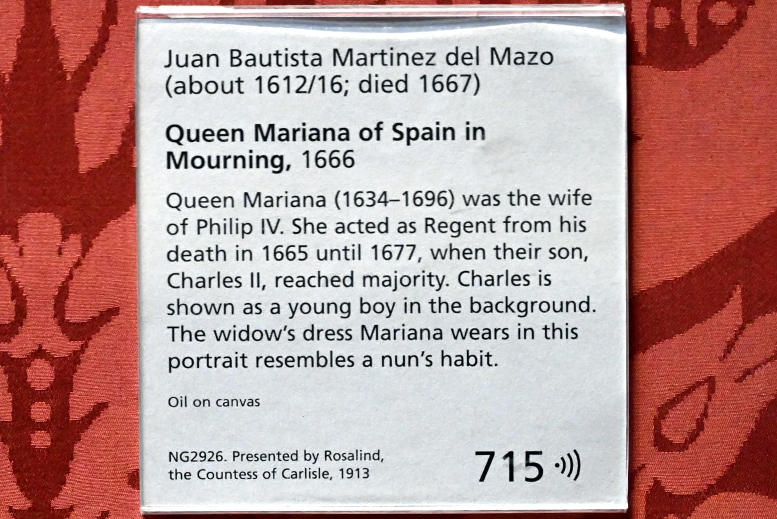 Juan Bautista Martínez del Mazo (1648–1666), Königin Maria Anna von Habsburg in Trauer, London, National Gallery, Saal 30, 1666, Bild 2/2