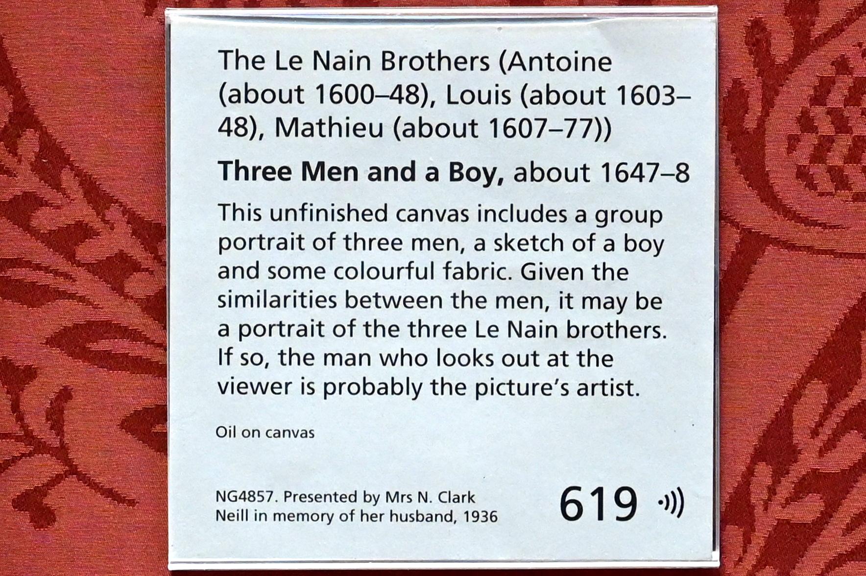 Brüder Le Nain (1640–1647), Drei Männer und ein Kind, London, National Gallery, Saal 31, um 1647–1648, Bild 2/2