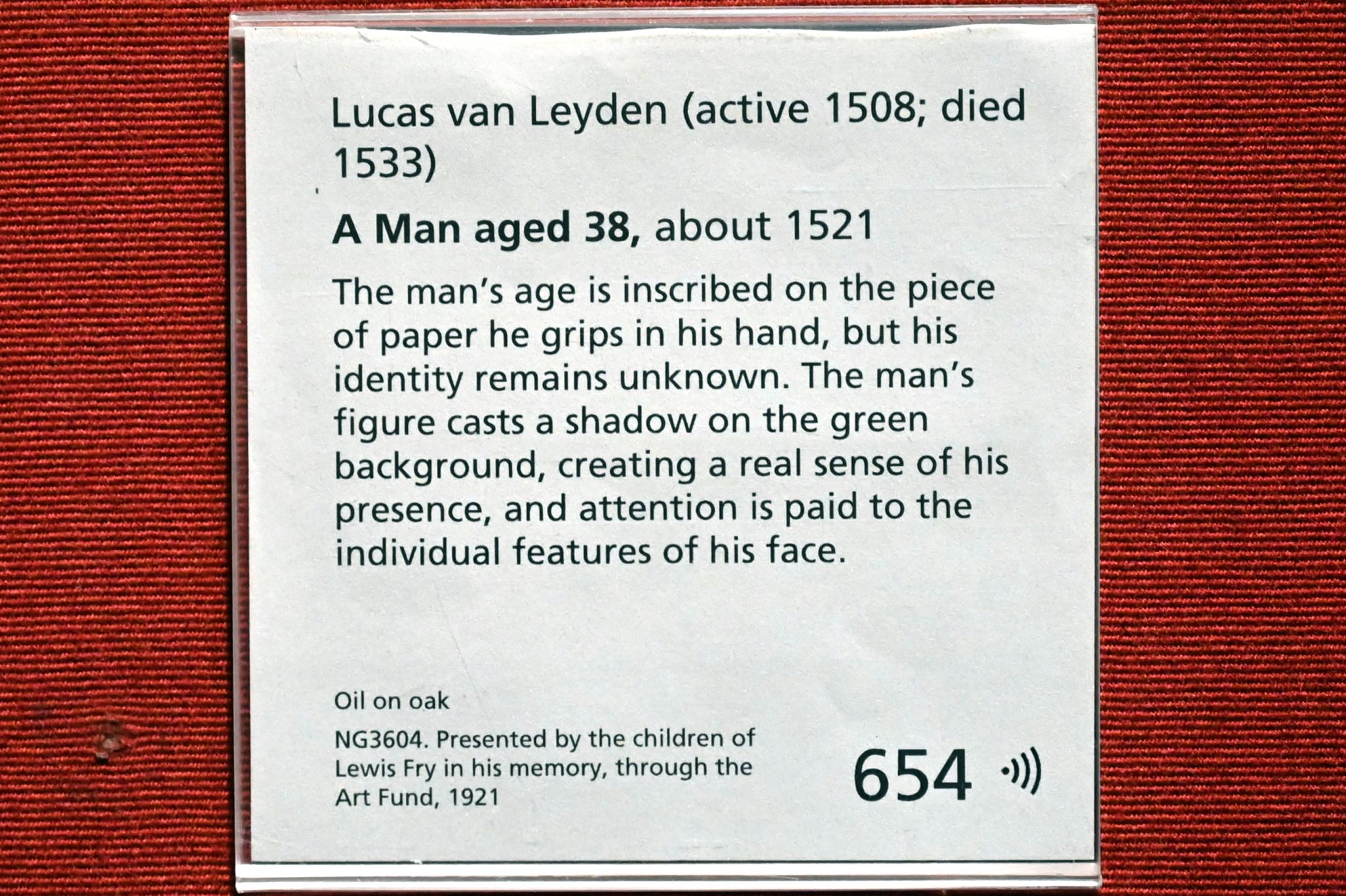 Lucas van Leyden (1509–1522), Bildnis eines 38-jährigen Mannes, London, National Gallery, Saal 14, um 1521, Bild 2/2
