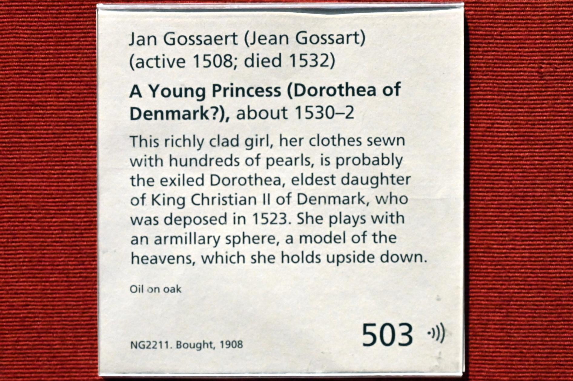 Jan Gossaert (Mabuse) (1505–1531), Junge Prinzessin (Dorothea von Dänemark?), London, National Gallery, Saal 14, um 1530–1532, Bild 2/2