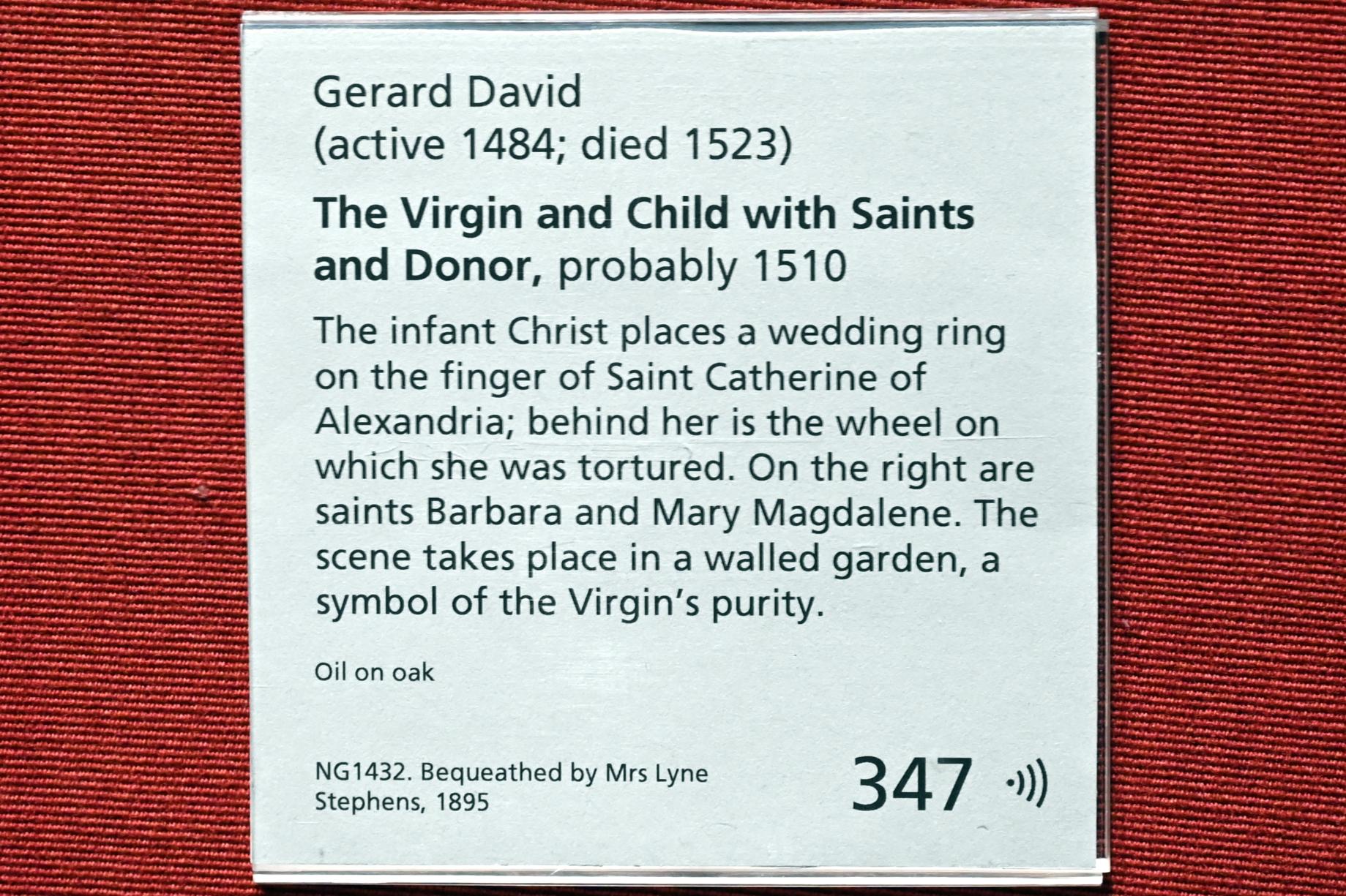 Gerard David (1475–1519), Maria mit Kind, Heiligen und einem Stifter, London, National Gallery, Saal 14, 1510, Bild 2/2