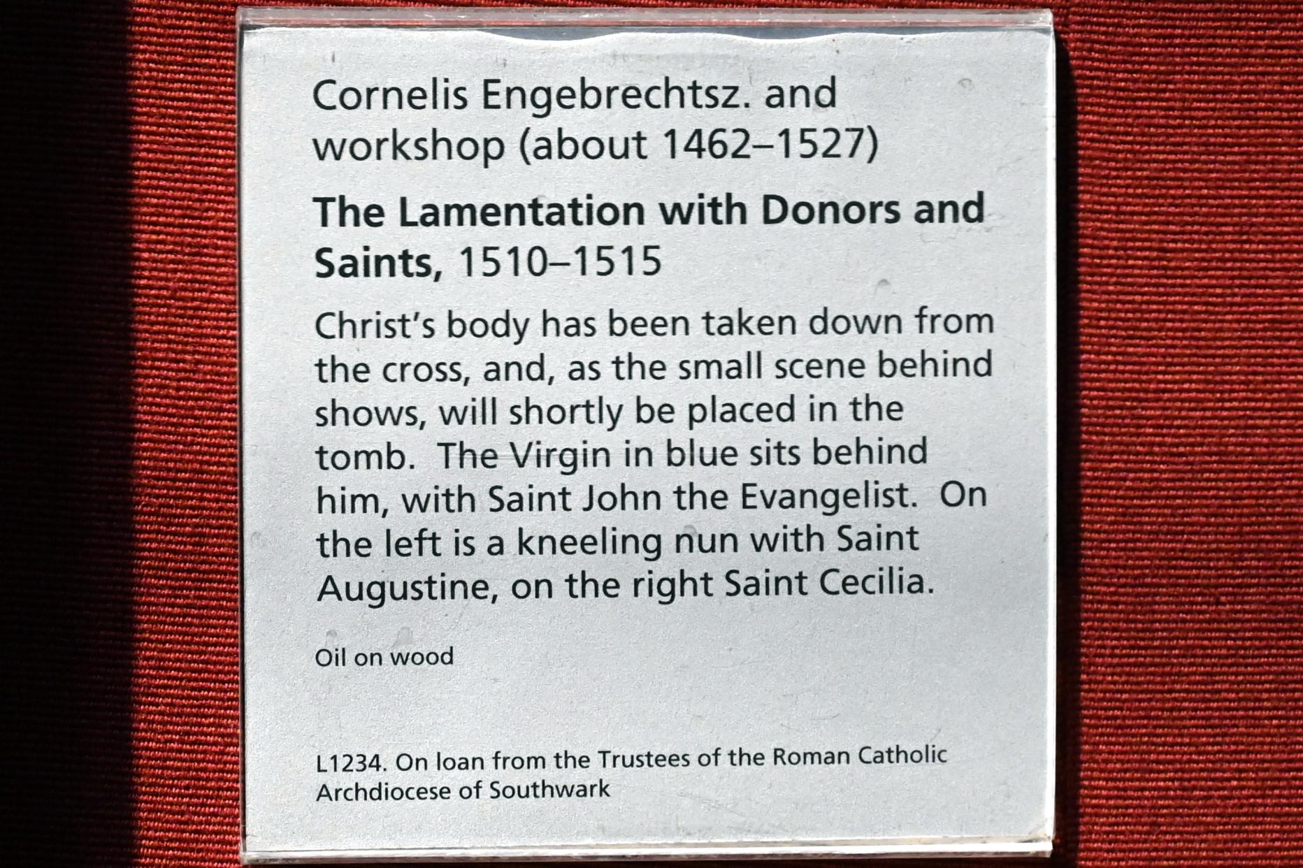 Cornelis Engebrechtsz (1501–1522), Beweinung Christi mit Stiftern und Heiligen, London, National Gallery, Saal 14, 1510–1515, Bild 2/2