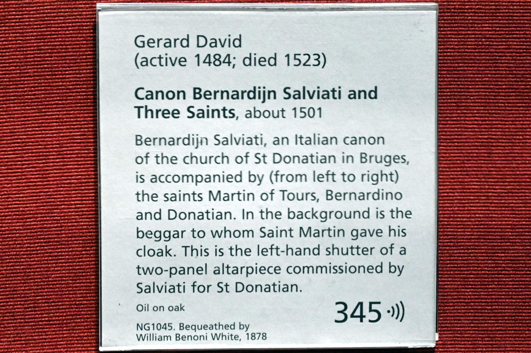 Gerard David (1475–1519), Kanonikus Bernardin Salviati mit drei Heiligen, London, National Gallery, Saal 14, um 1501, Bild 2/2