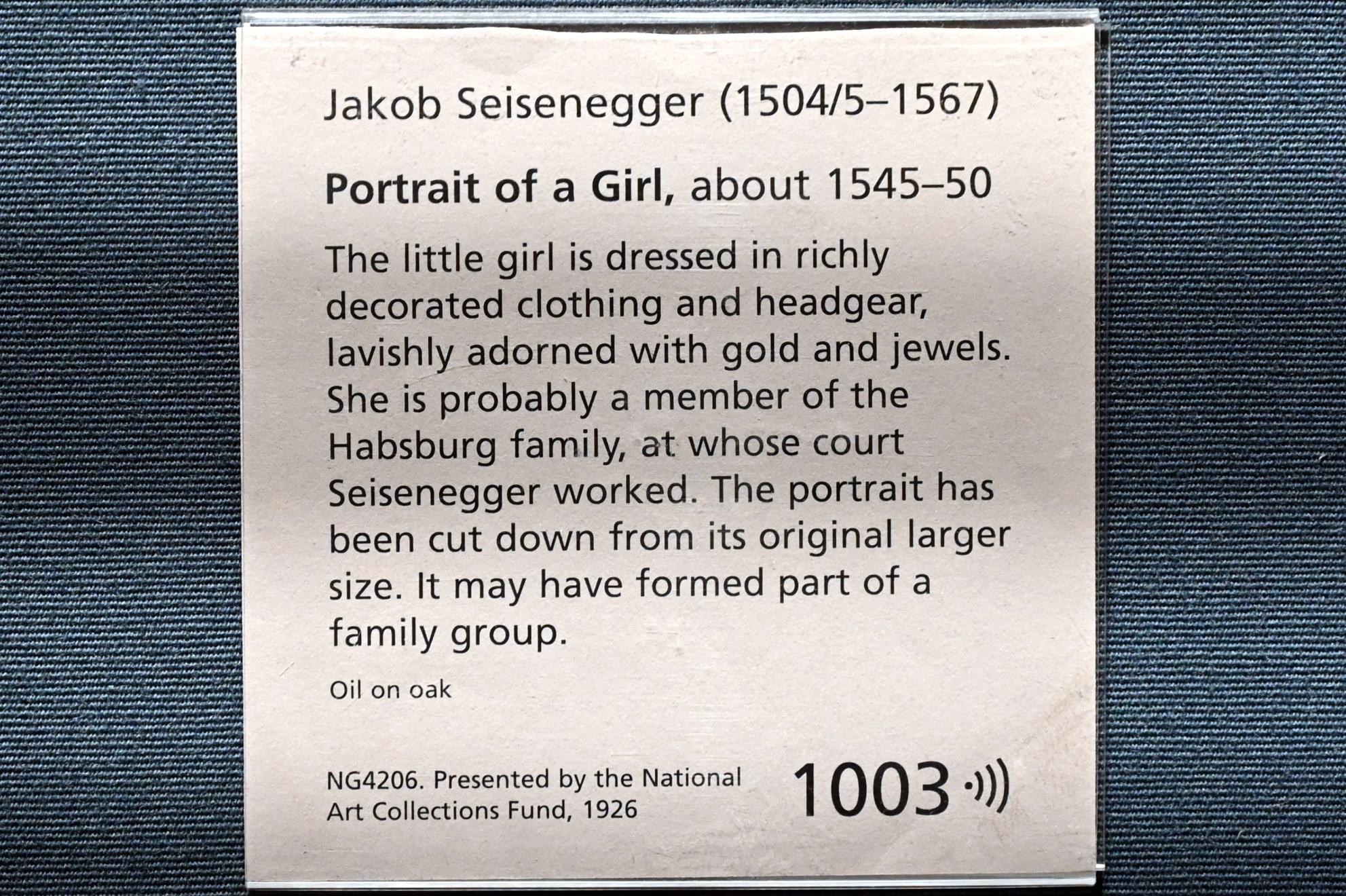 Jakob Seisenegger (1532–1560), Porträt eines Mädchens, London, National Gallery, Saal 16, um 1545–1550, Bild 2/2