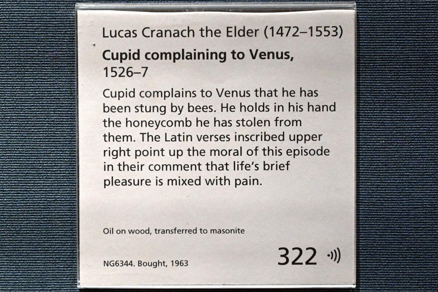 Lucas Cranach der Ältere (1502–1550), Venus mit Amor als Honigdieb, London, National Gallery, Saal 16, 1526–1527, Bild 2/2