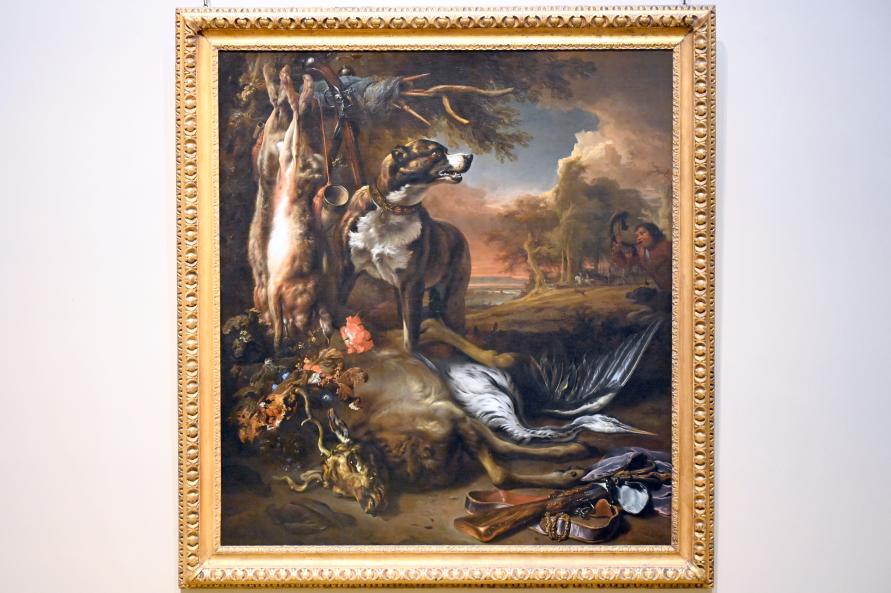 Jan Weenix (1661–1713), Ein Deerhound mit totem Wild und Jagdausrüstung, London, National Gallery, Treppenhaus 3, 1708, Bild 1/2