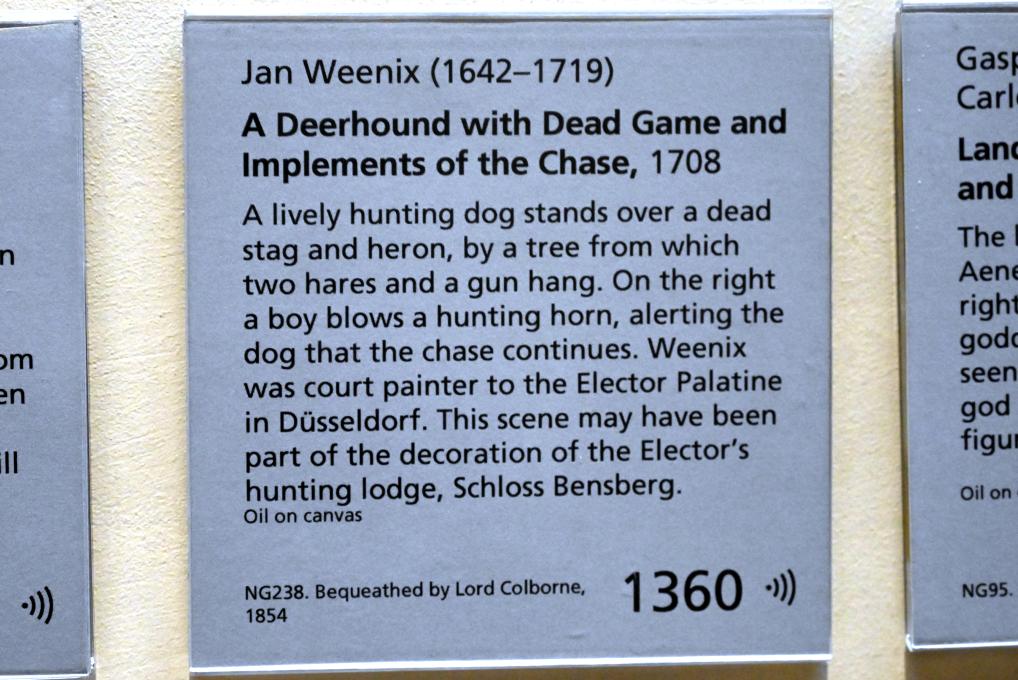 Jan Weenix (1661–1713), Ein Deerhound mit totem Wild und Jagdausrüstung, London, National Gallery, Treppenhaus 3, 1708, Bild 2/2