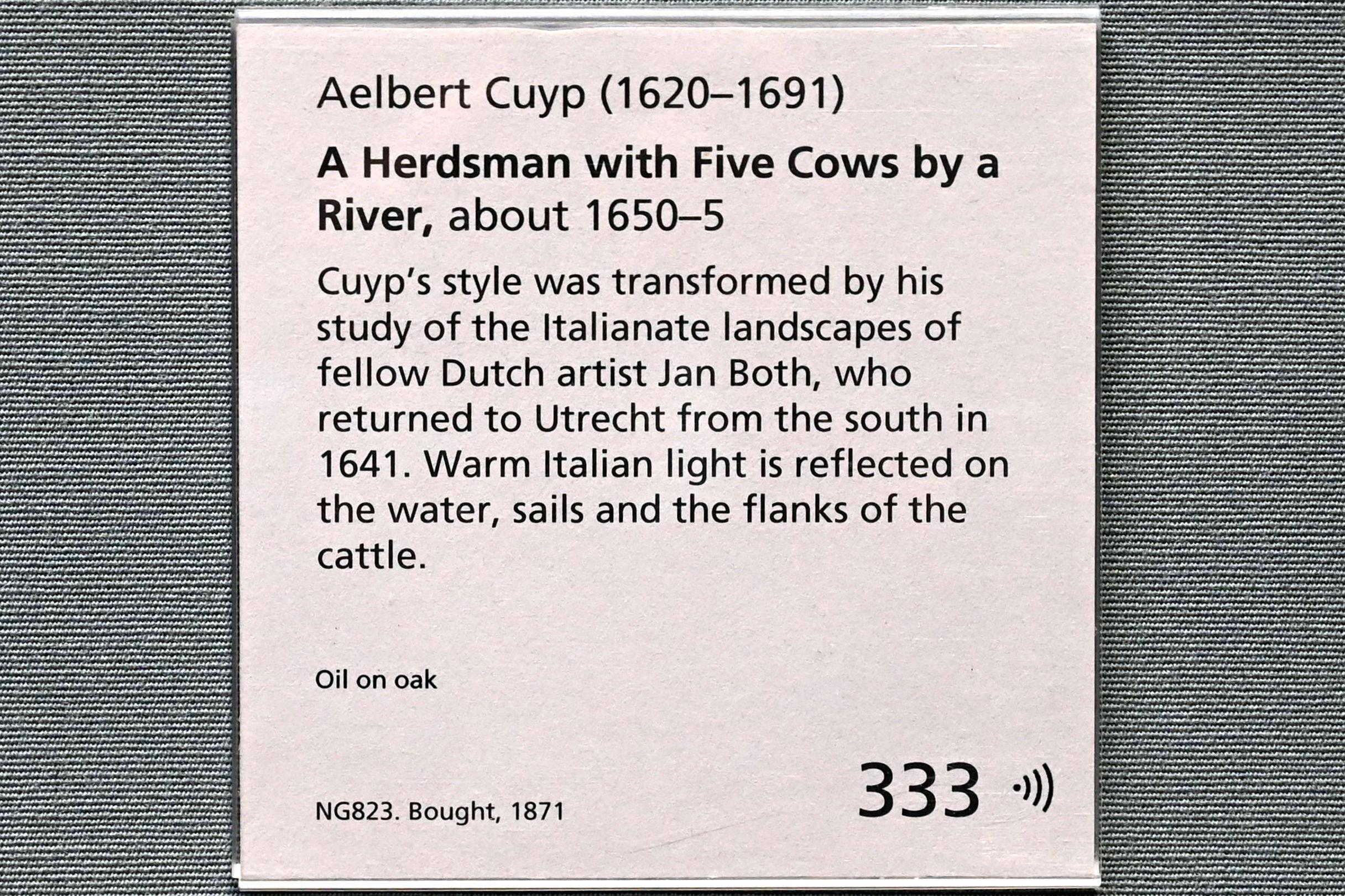 Aelbert Cuyp (1640–1667), Hirte mit fünf Kühen an einem Fluss, London, National Gallery, Saal 19, um 1650–1655, Bild 2/2
