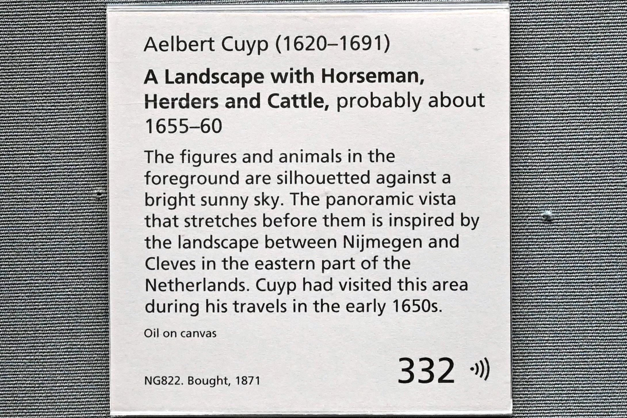 Aelbert Cuyp (1640–1667), Landschaft mit Reiter, Hirten und Rindern, London, National Gallery, Saal 19, um 1655–1660, Bild 2/2