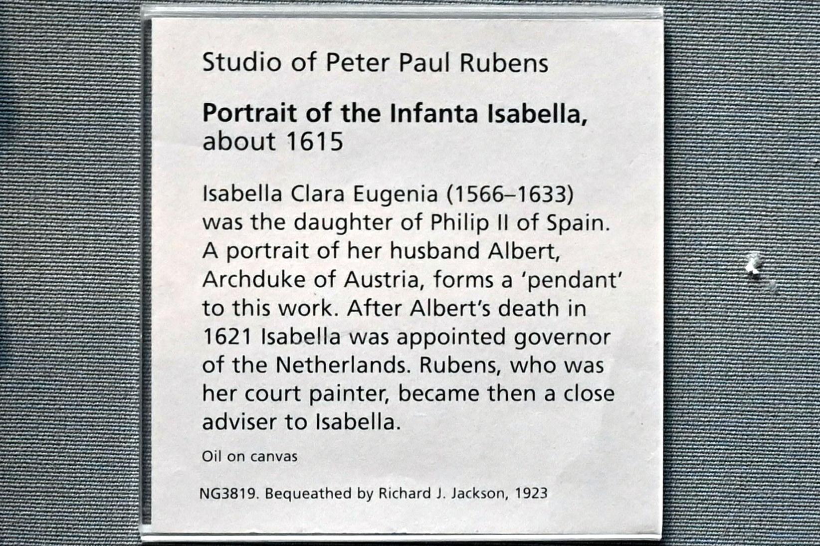 Peter Paul Rubens (Werkstatt) (1615–1635), Porträt der Isabella Clara Eugenia von Spanien, London, National Gallery, Saal 20, um 1615, Bild 3/3