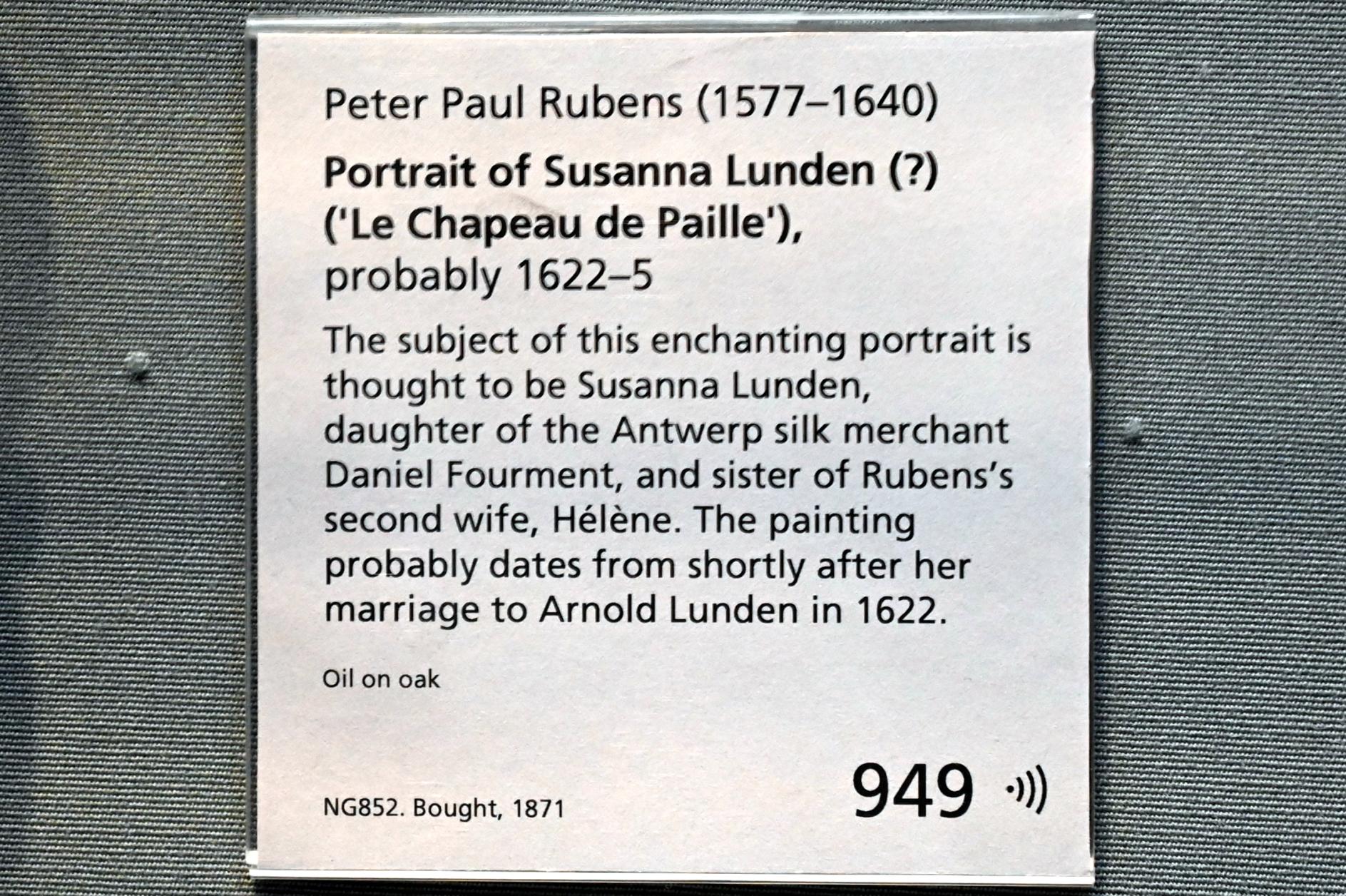 Peter Paul Rubens (1598–1640), Porträt der Susanna Lunden ("Le Chapeau de Paille"), London, National Gallery, Saal 20, um 1622–1625, Bild 4/4
