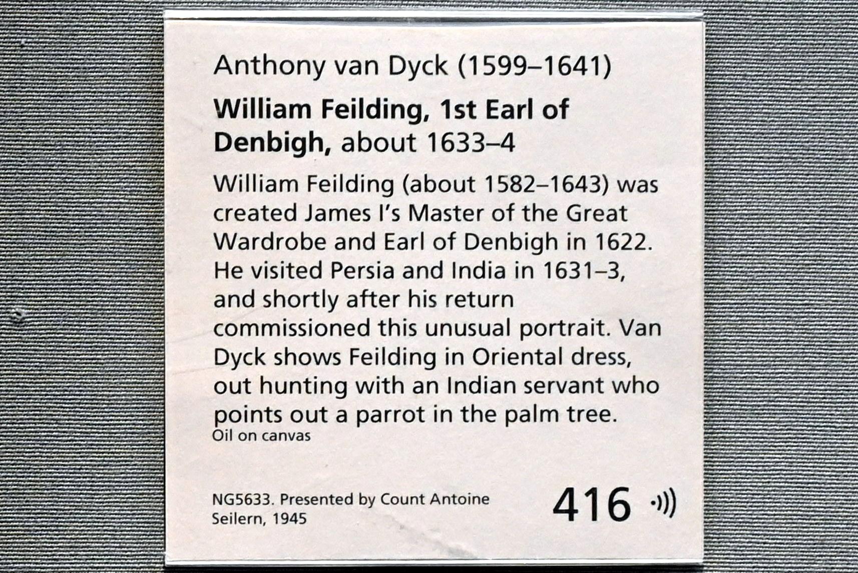 Anthonis (Anton) van Dyck (1614–1641), Porträt des William Feilding, 1. Earl of Denbigh, London, National Gallery, Saal 21, um 1633–1634, Bild 2/2