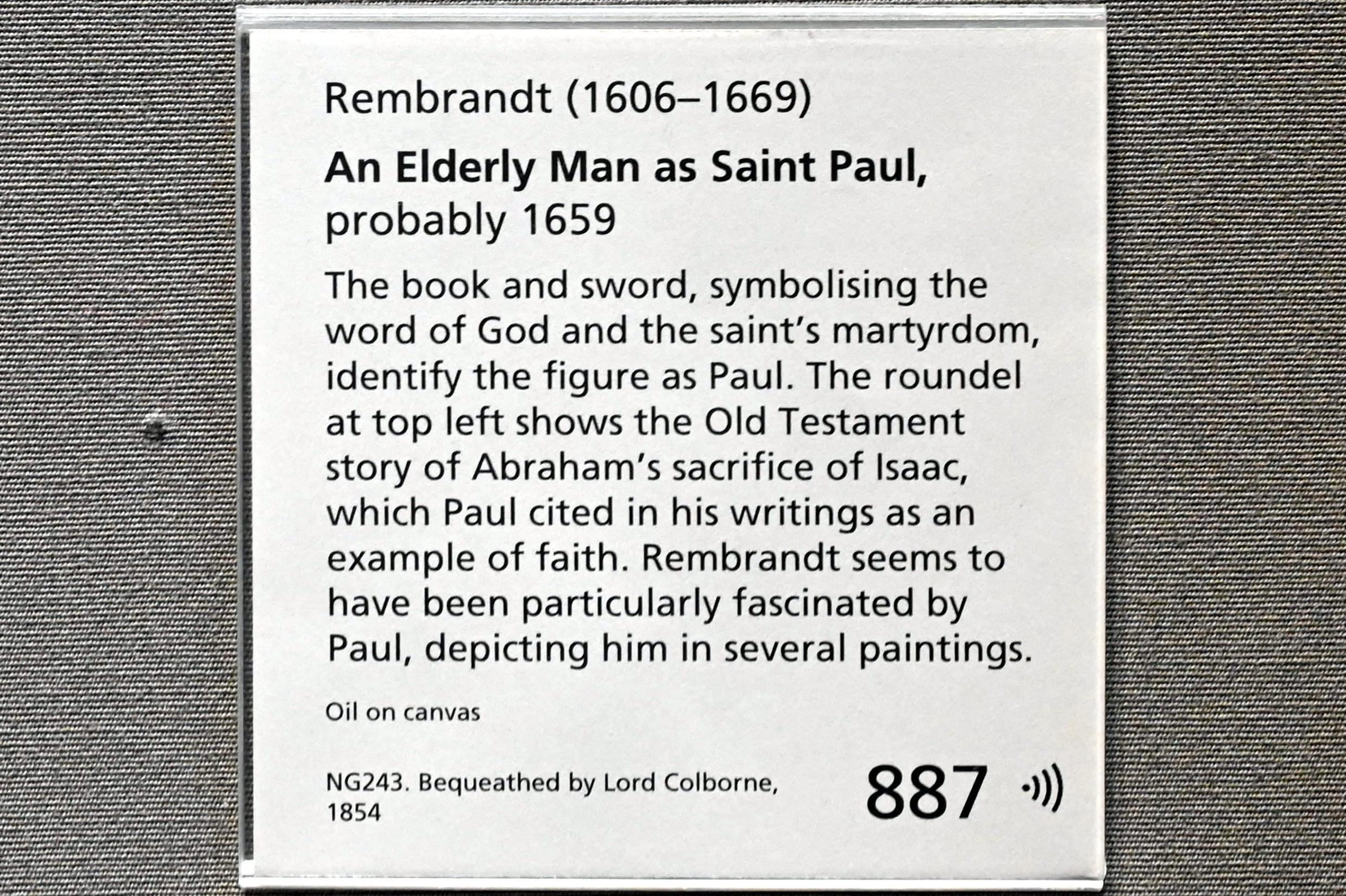 Rembrandt (Rembrandt Harmenszoon van Rijn) (1627–1669), Älterer Mann als Apostel Paulus, London, National Gallery, Saal 22, 1659, Bild 2/2