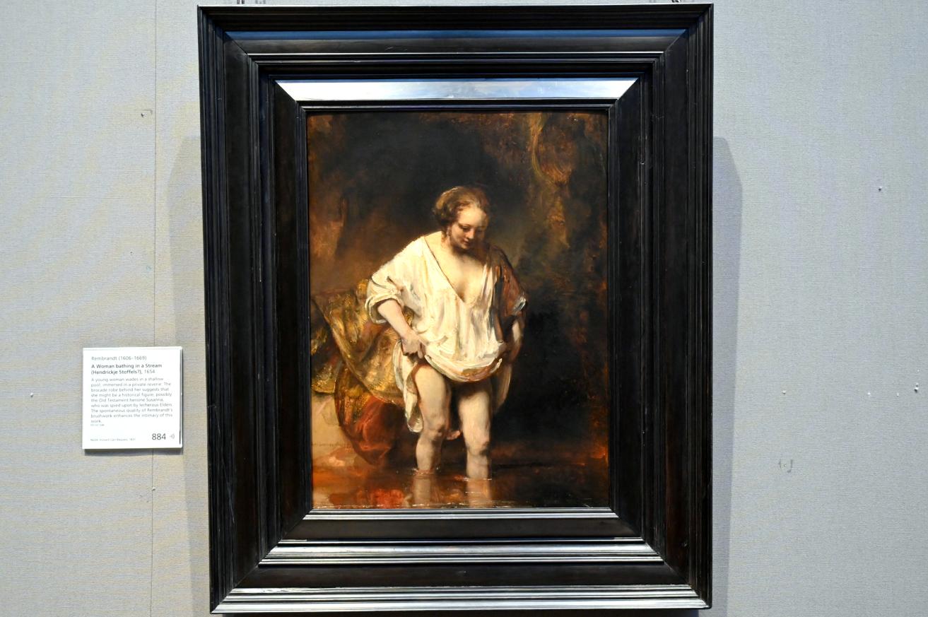 Rembrandt (Rembrandt Harmenszoon van Rijn) (1627–1669), Badende Frau in einem Fluss (Hendrickje Stoffels?), London, National Gallery, Saal 22, 1654, Bild 1/2