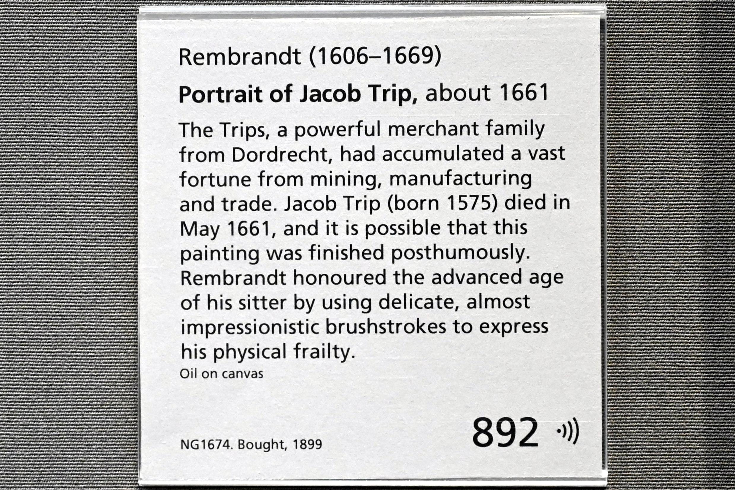 Rembrandt (Rembrandt Harmenszoon van Rijn) (1627–1669), Porträt des Jacob Trip, London, National Gallery, Saal 22, um 1661, Bild 2/2
