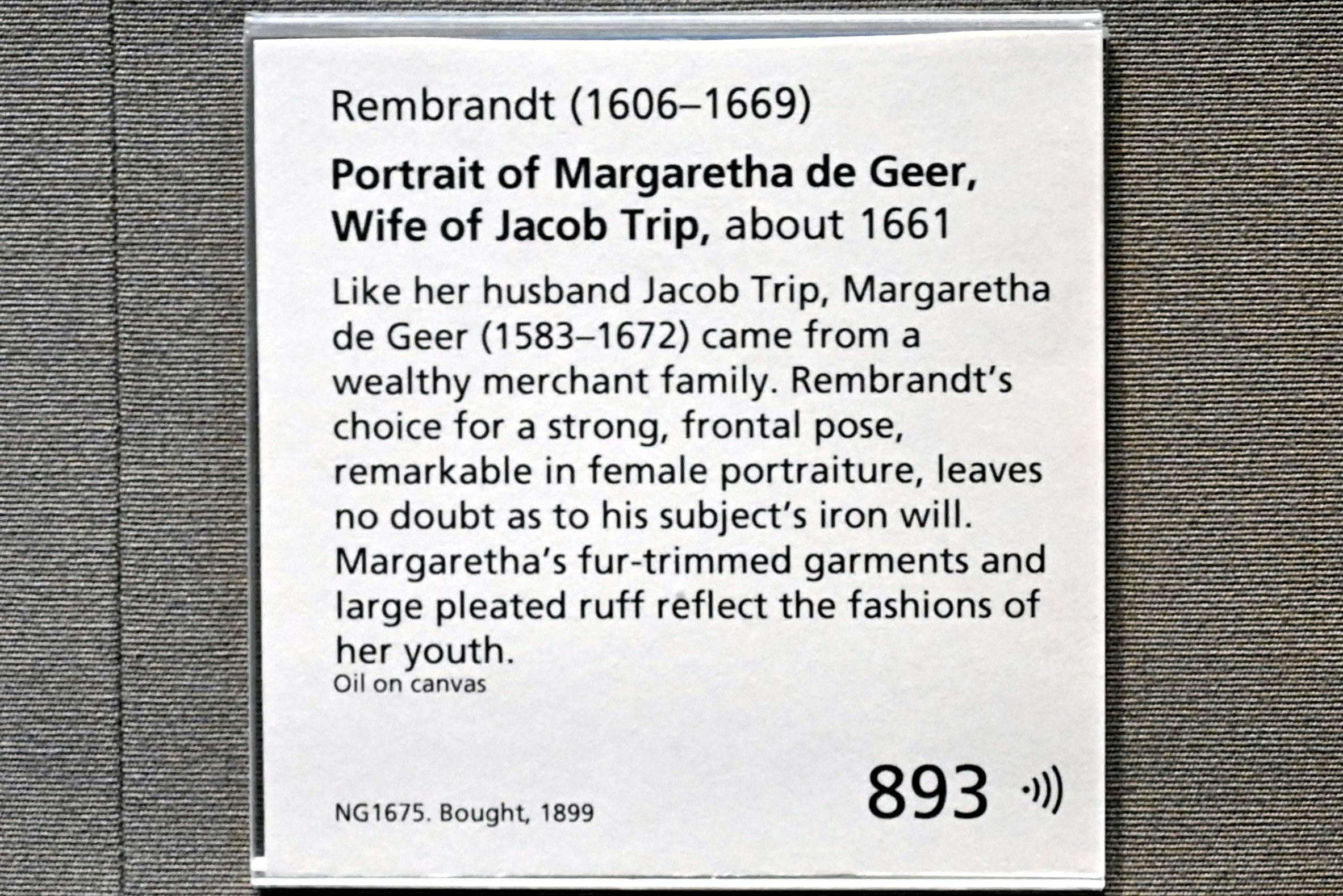 Rembrandt (Rembrandt Harmenszoon van Rijn) (1627–1669), Porträt der Margaretha de Geer, Ehefrau des Jacob Trip, London, National Gallery, Saal 22, um 1661, Bild 2/2