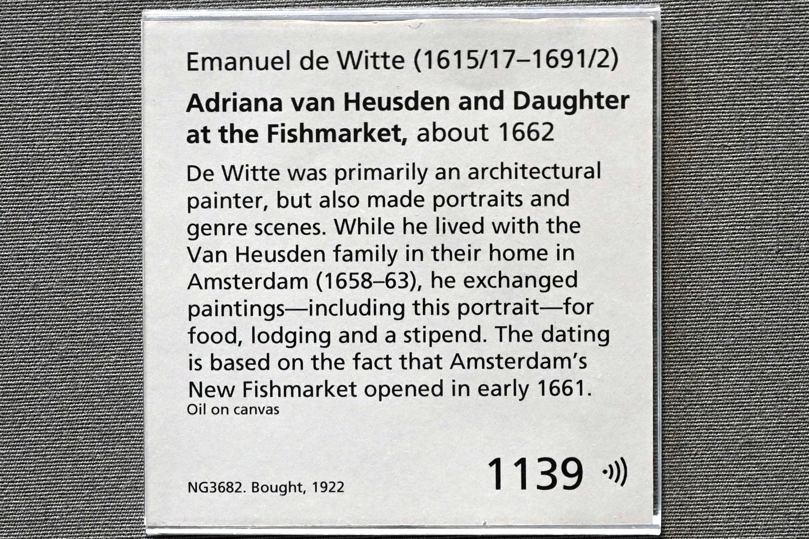 Emanuel de Witte (1650–1680), Adriana van Heusden und Tochter am Fischmarkt, London, National Gallery, Saal 23, um 1662, Bild 2/2