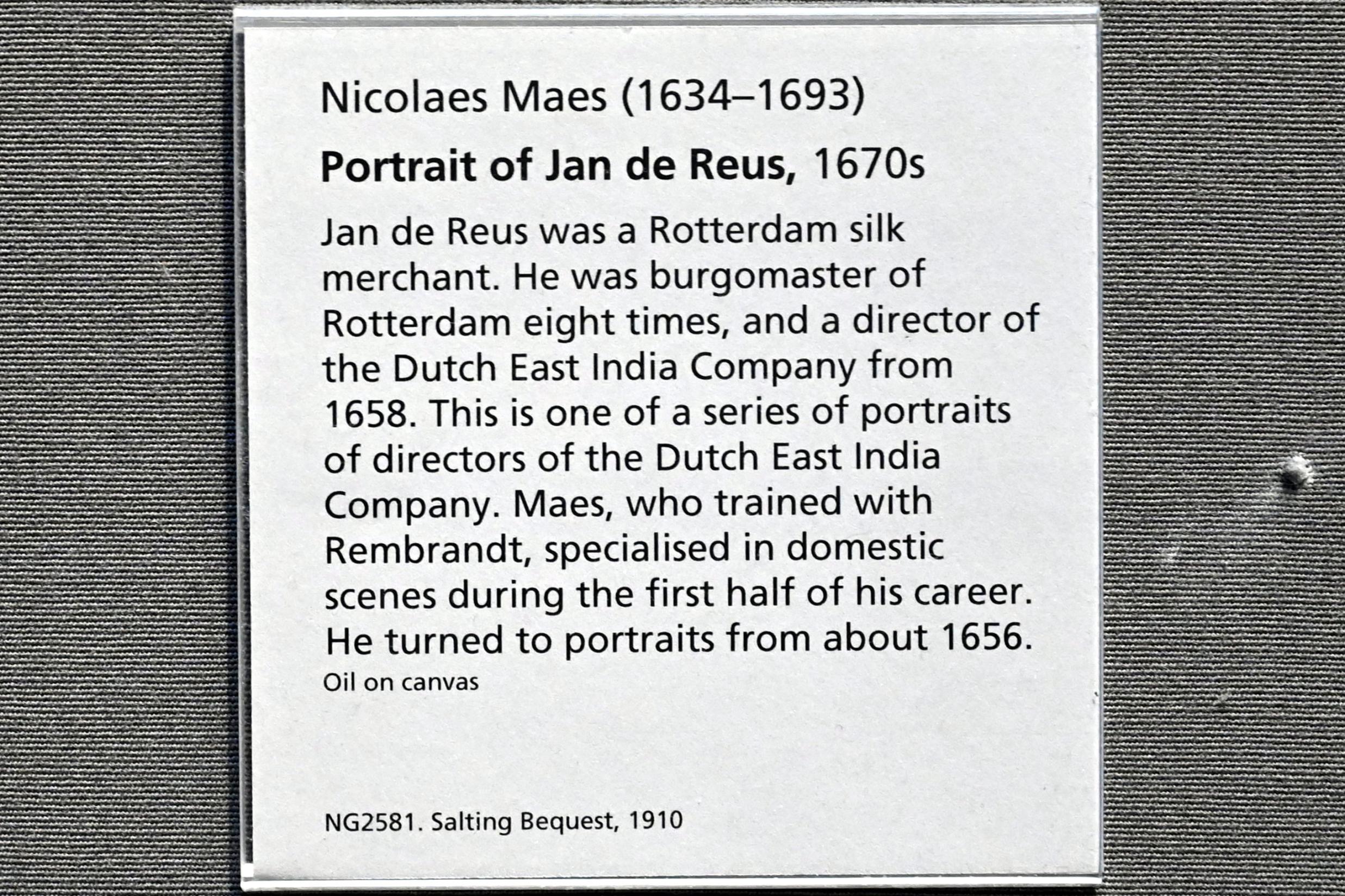 Nicolaes Maes (1652–1687), Porträt des Jan de Reus, London, National Gallery, Saal 23, um 1670–1680, Bild 2/2