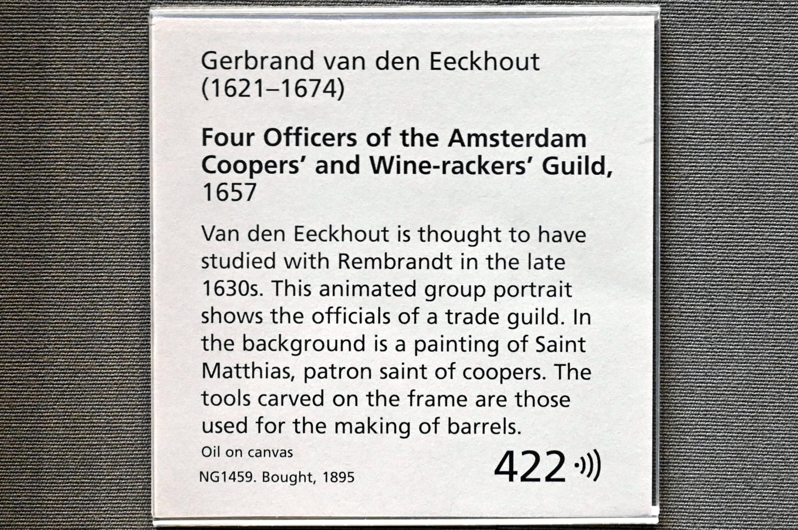 Gerbrand van den Eeckhout (1645–1669), Vier Mitglieder der Amsterdamer Gilde der Weinküfer und Abfüller, London, National Gallery, Saal 23, 1657, Bild 2/2