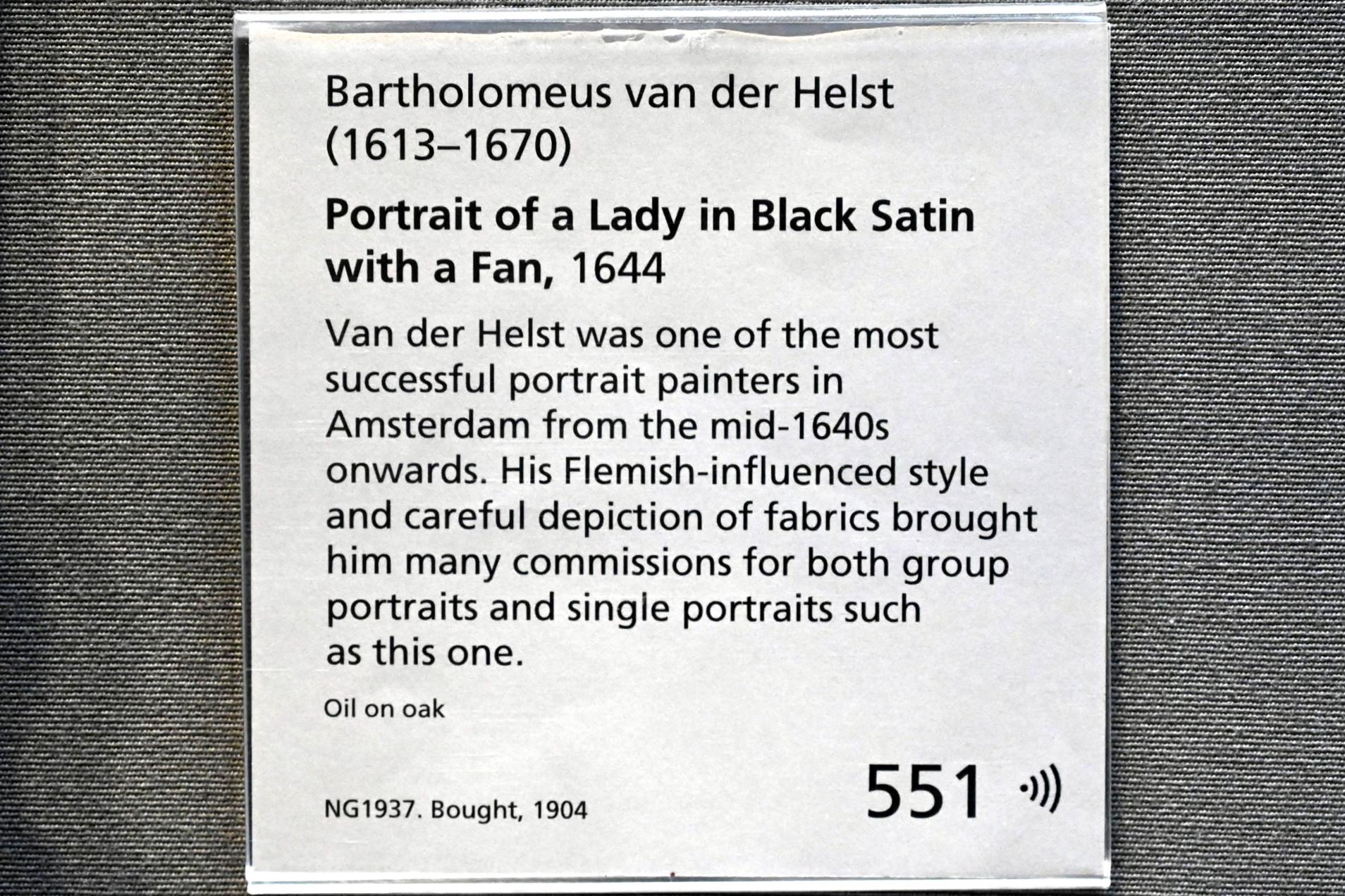 Bartholomeus van der Helst (1640–1669), Porträt einer Dame in schwarzem Satin mit Fächer, London, National Gallery, Saal 23, 1644, Bild 2/2