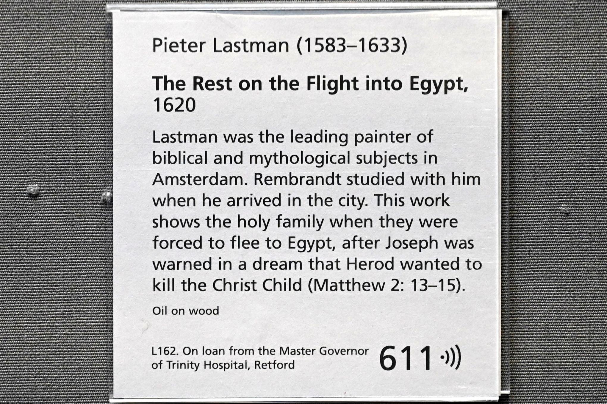 Pieter Lastman (1608–1629), Ruhe auf der Flucht nach Ägypten, London, National Gallery, Saal 24, 1620, Bild 2/2