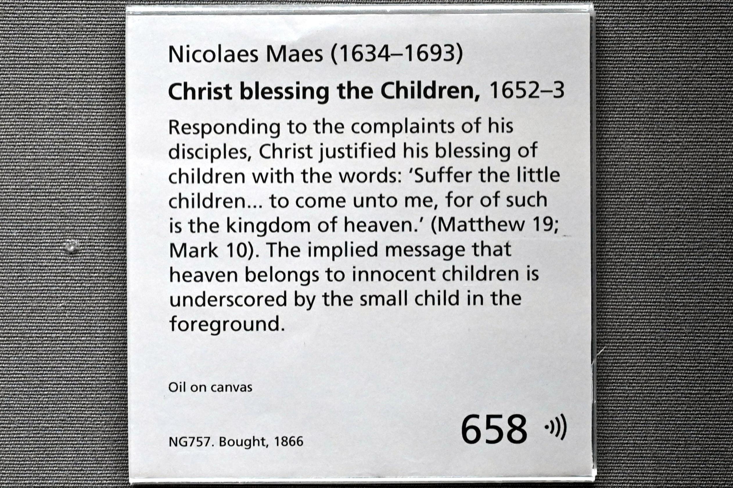 Nicolaes Maes (1652–1687), Christus segnet die Kinder, London, National Gallery, Saal 24, 1652–1653, Bild 2/2